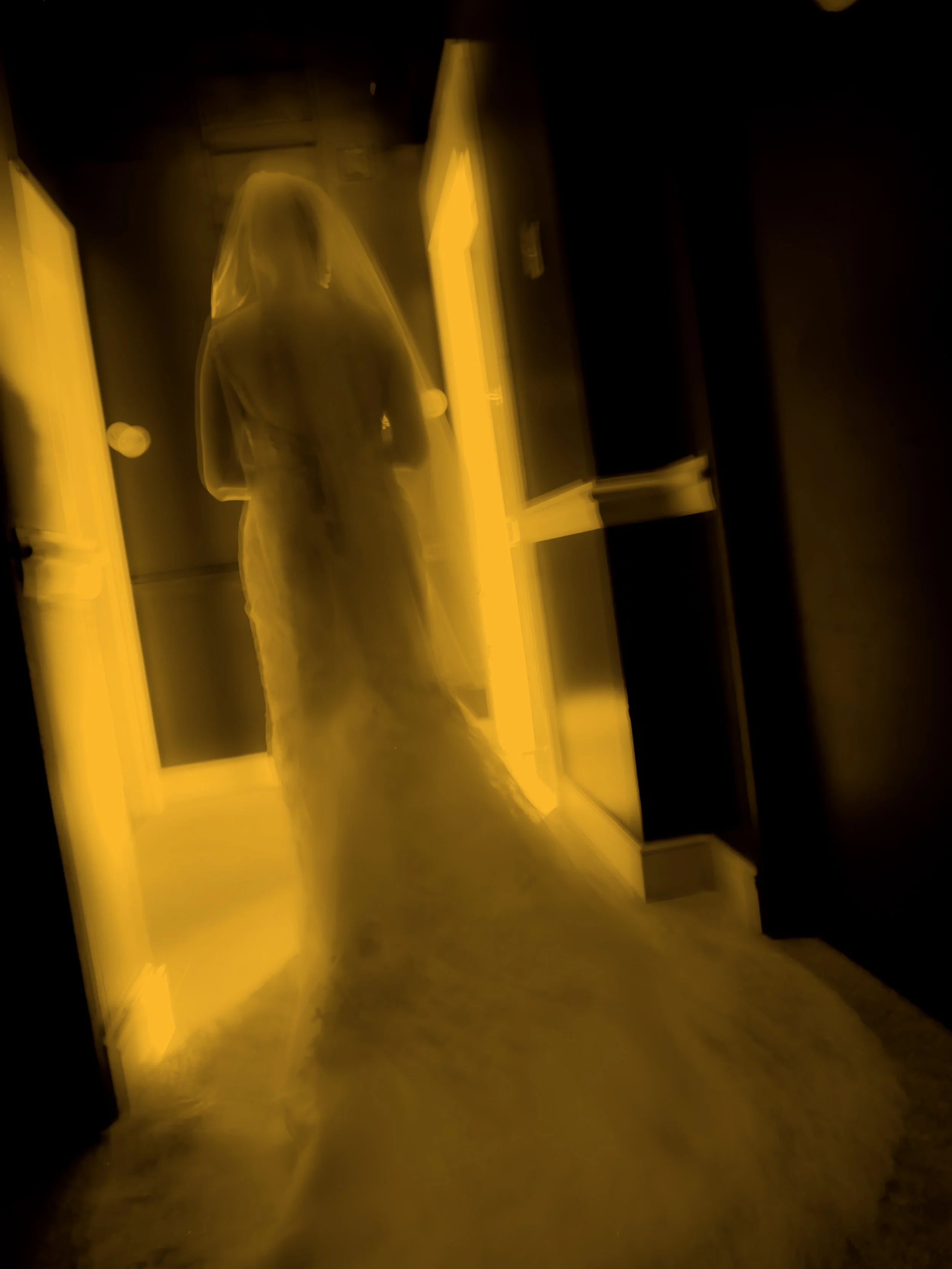 Fine art ghostly image of bride walking in rooftop hallway at Lotte New York Palace Hotel