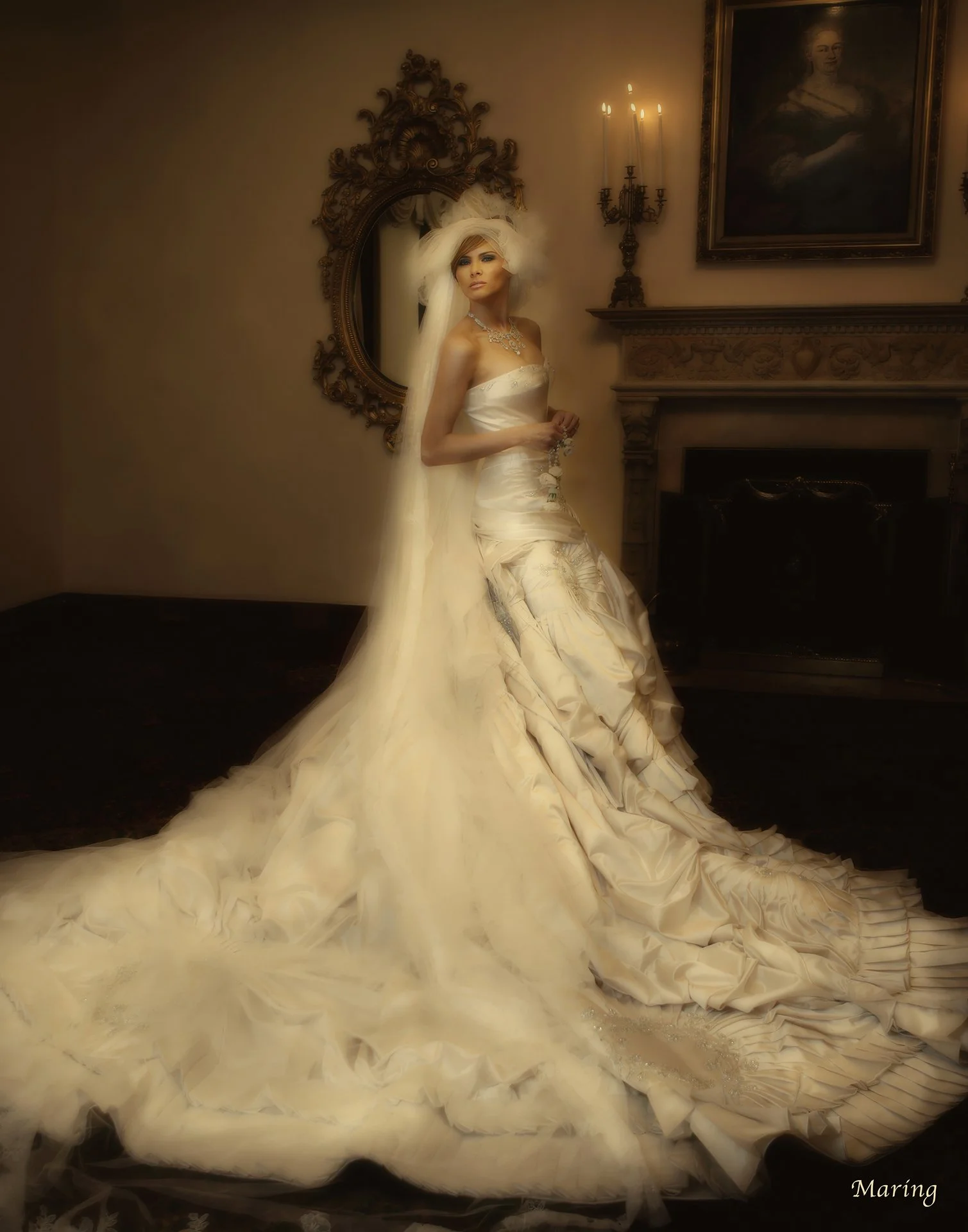 Luxury bridal portrait of the First Lady at Mar a Lago, Palm Beach, photographed by Maring Visuals.