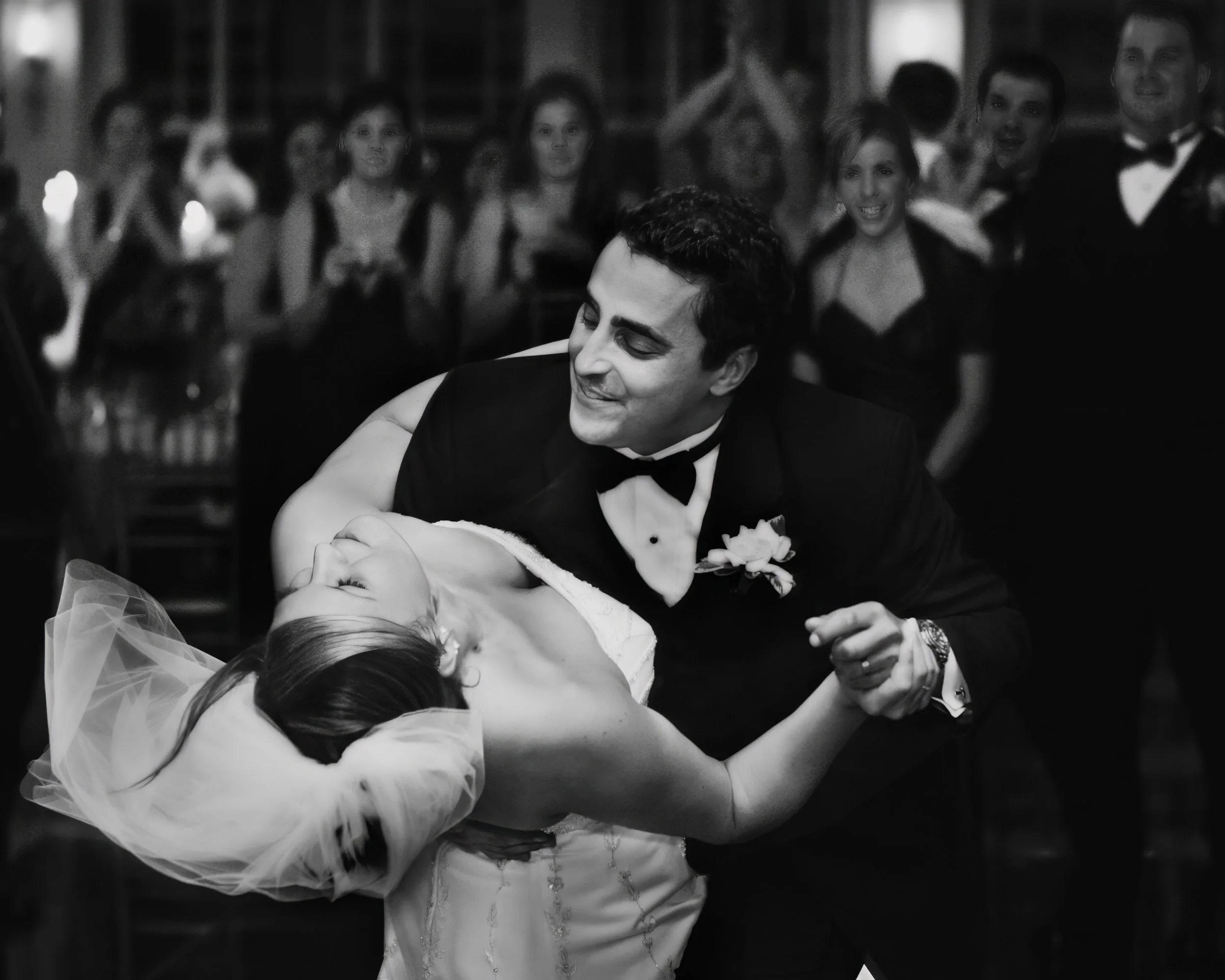 The groom dips the bride at a wedding in Connecticut