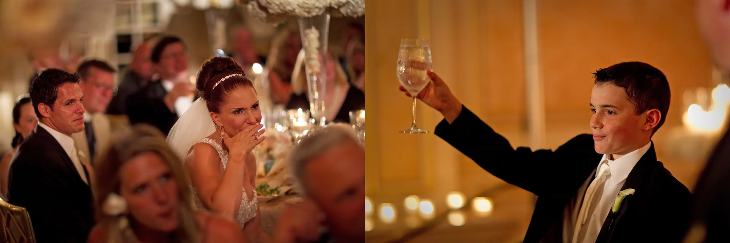 Bride and groom tear up during an emotional toast from the bride’s son at Essex House NYC ballroom