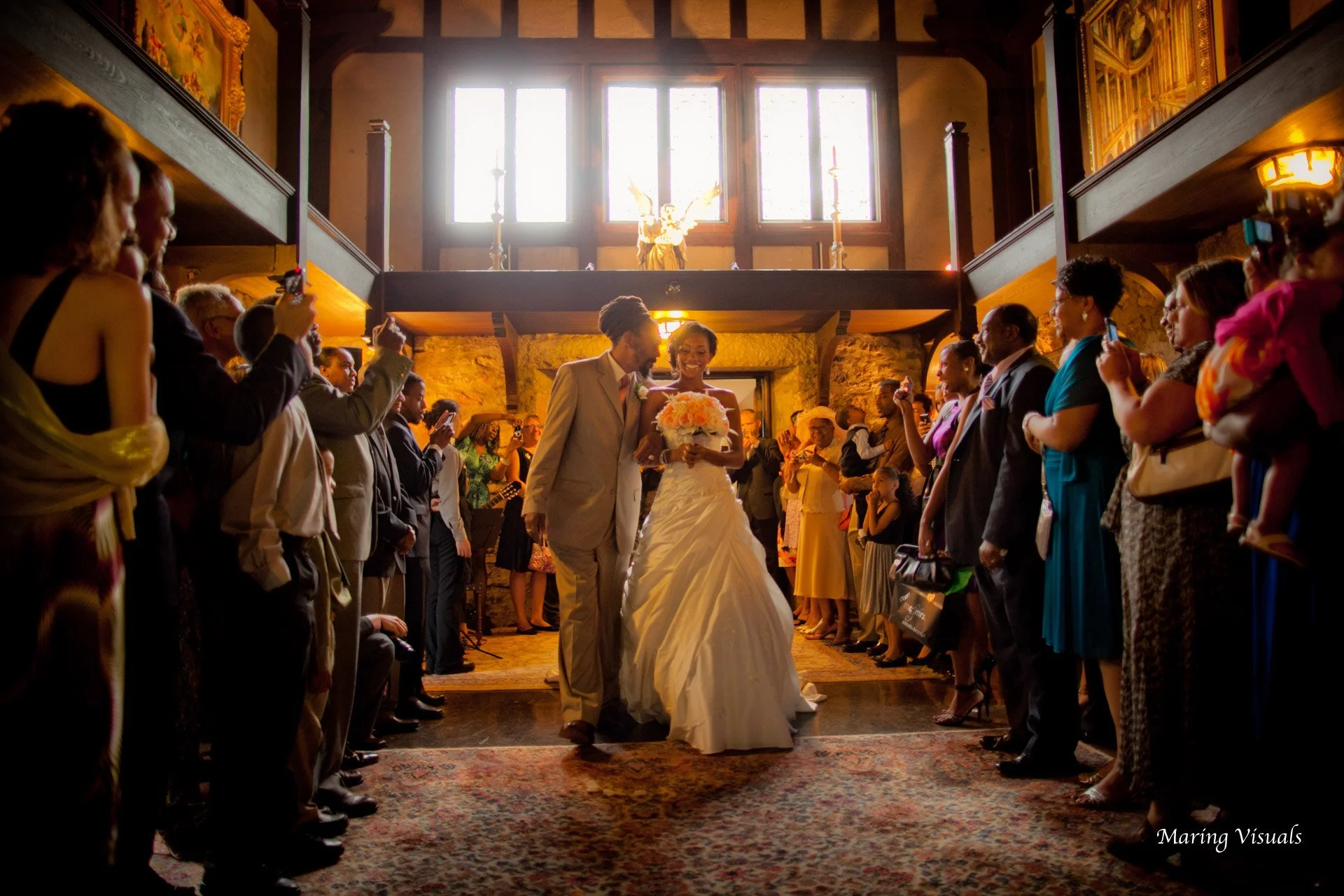 Father walking bride down aisle at Saint Clements Castle wedding in Portland Connecticut