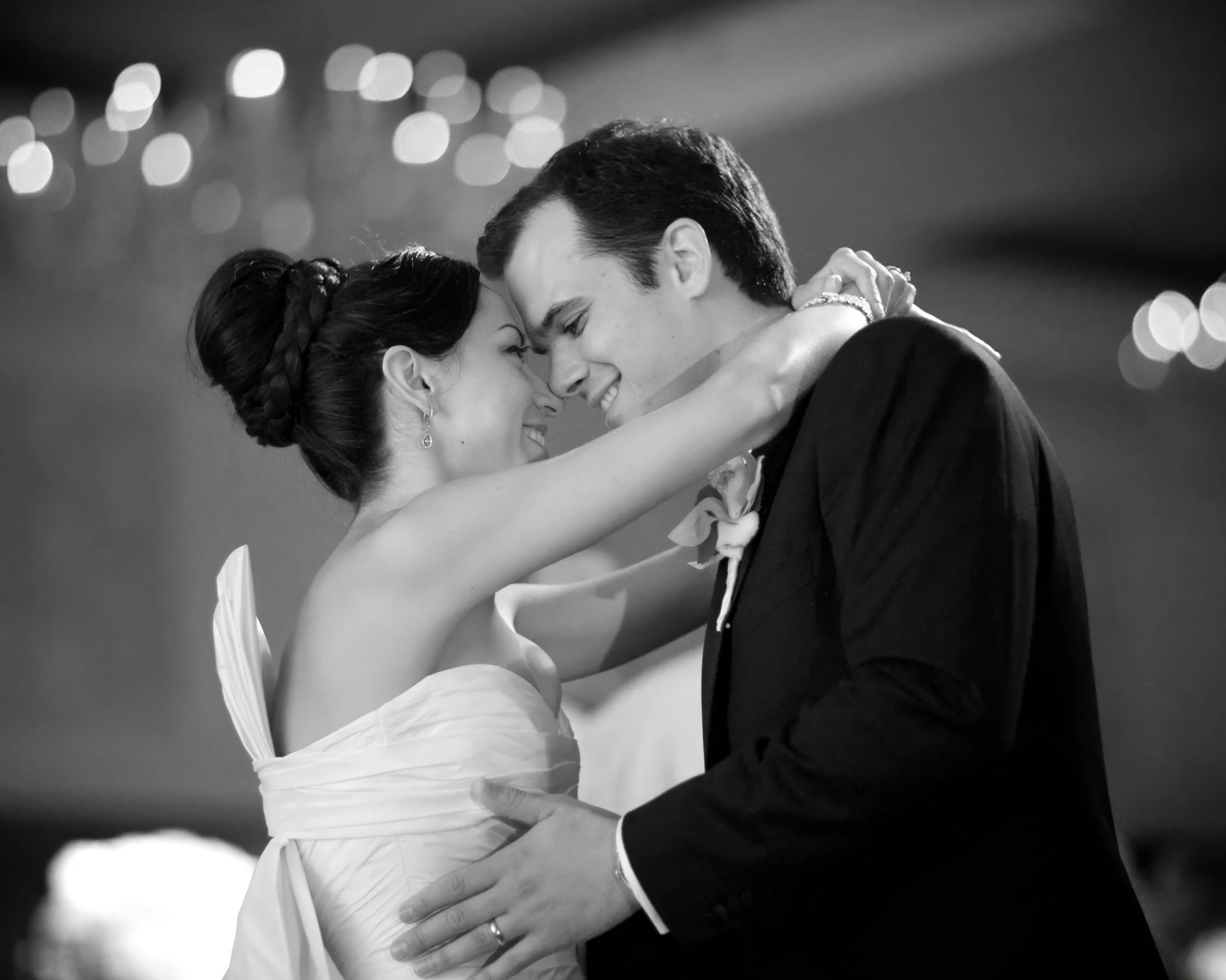Black and white closeup of bride and groom’s first dance at the Omni Hotel New Haven.