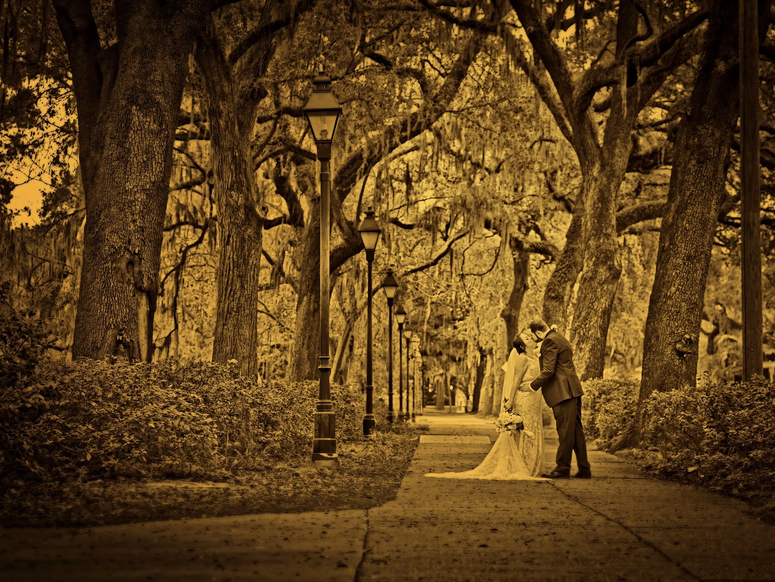 Bride and groom pose on the sidewalk adjacent to Drayton Street in Forsyth Park, Savannah, Georgia.