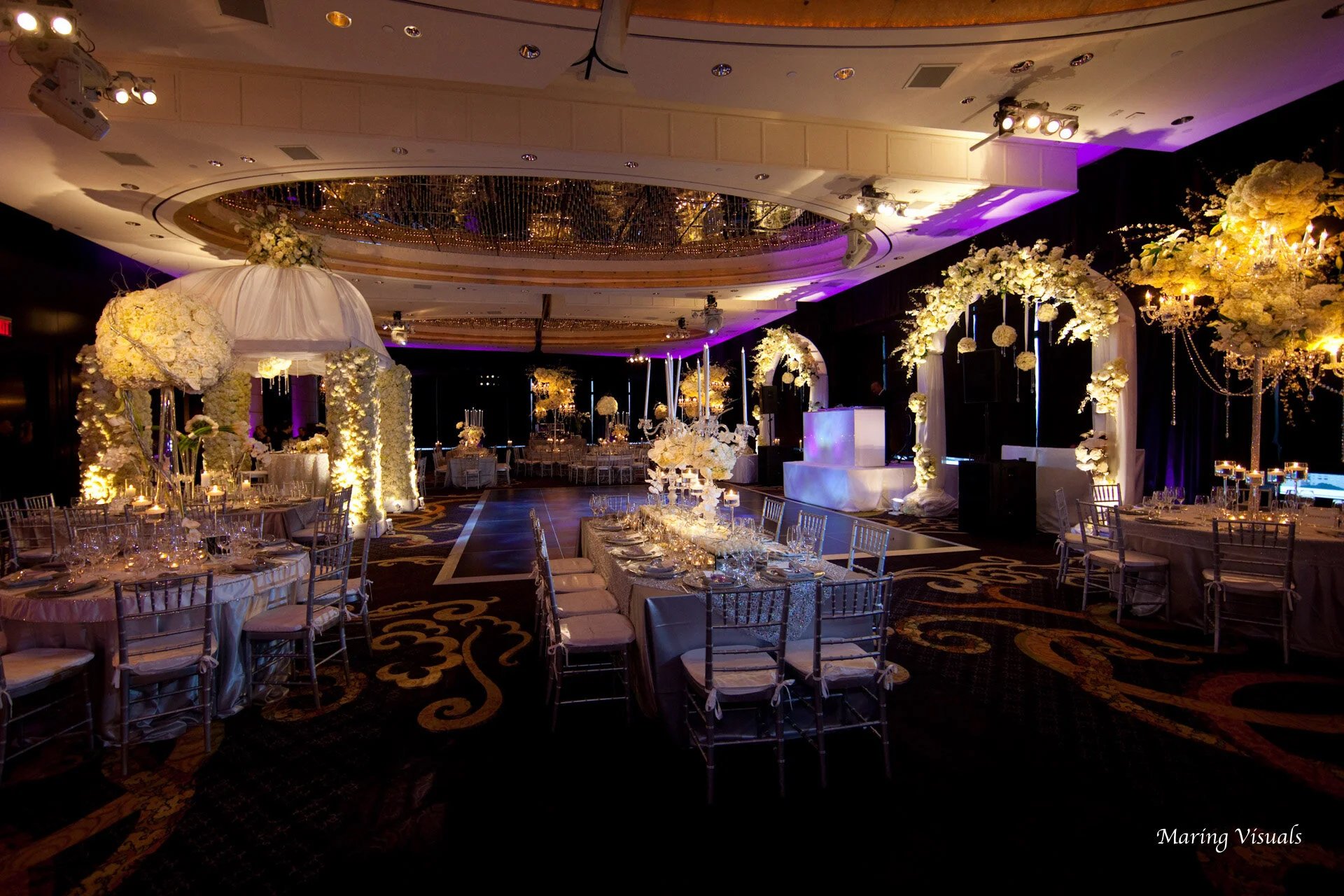 Wedding Reception decor in the ballroom at the Mandarin Oriental Hotel NYC