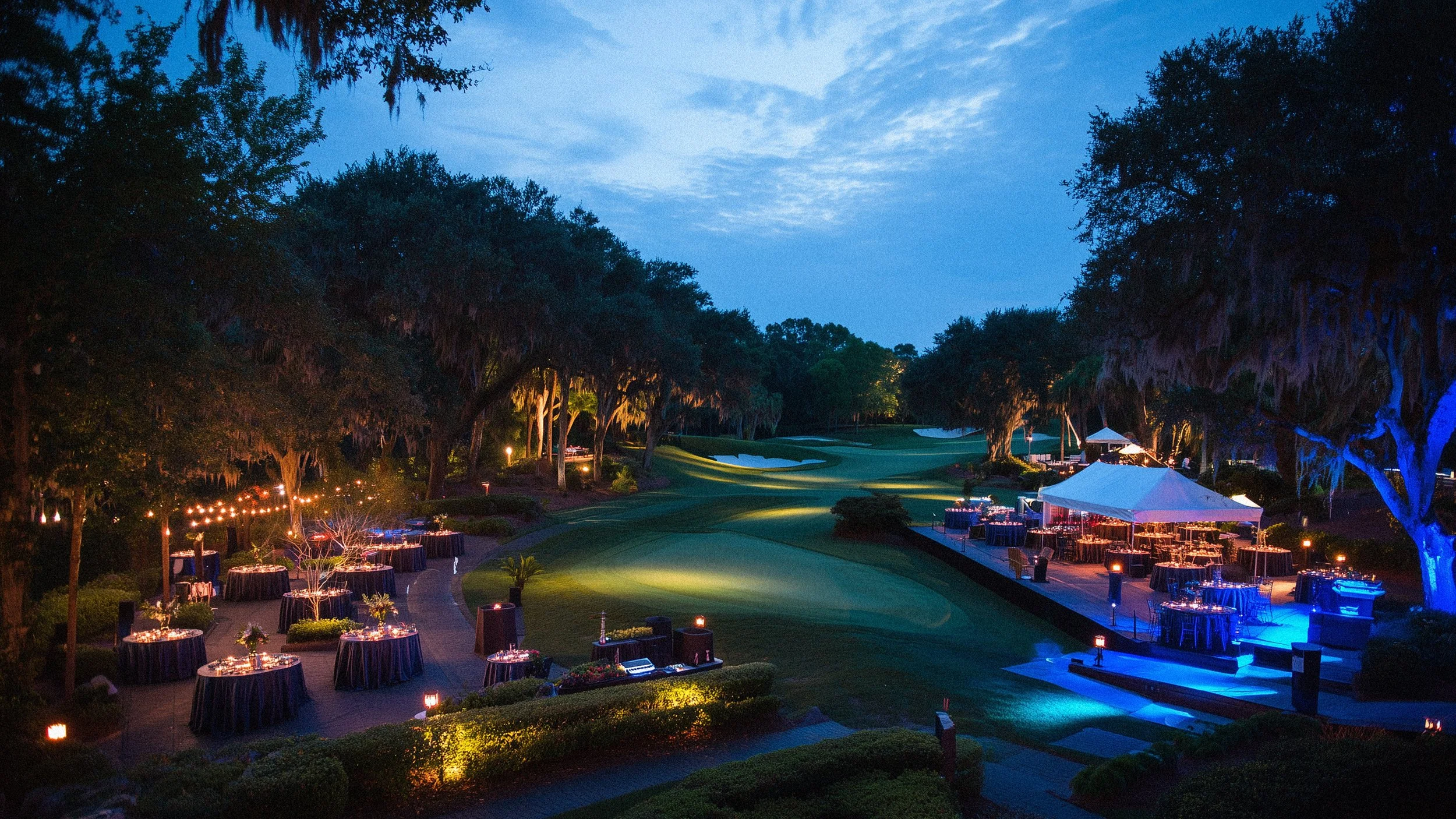 Evening corporate event setup at Sea Pines Resort in Hilton Head with elegant lighting and reception decor.