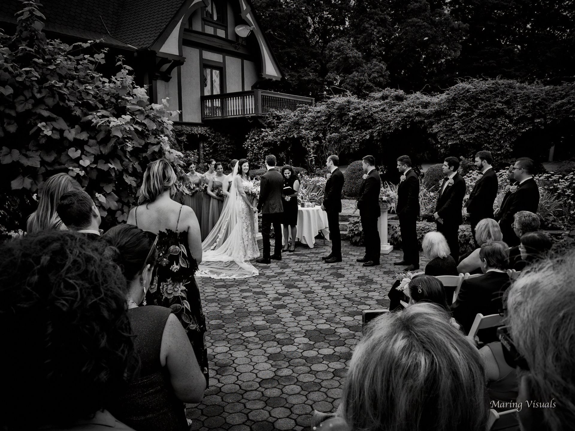 Wedding ceremony in the courtyard at Saint Clements Castle Connecticut