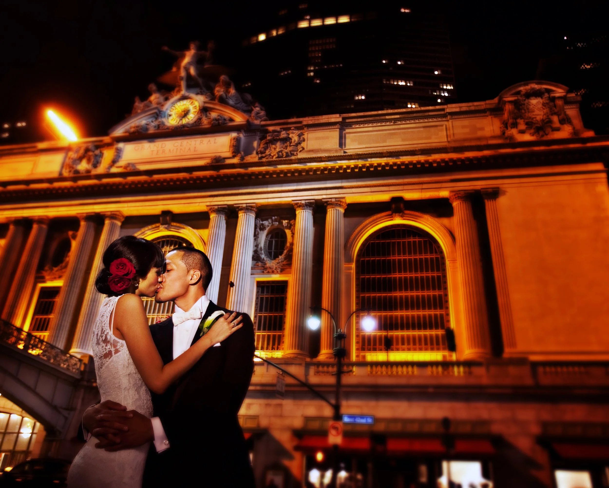 Romantic Bride and Groom Portrait Outside Cipriani 42nd Street with Grand Central Terminal