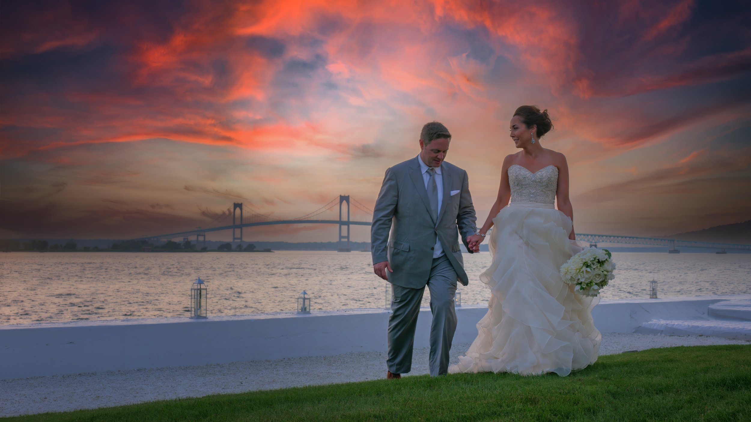Sunset portraits on Narragansett Bay Belle Mer Wedding