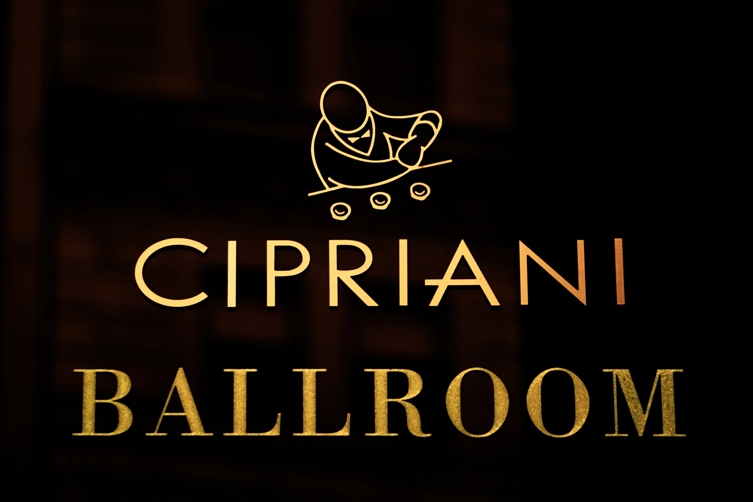 Cipriani Ballroom sign and logo outside 55 Wall Street NYC wedding venue.