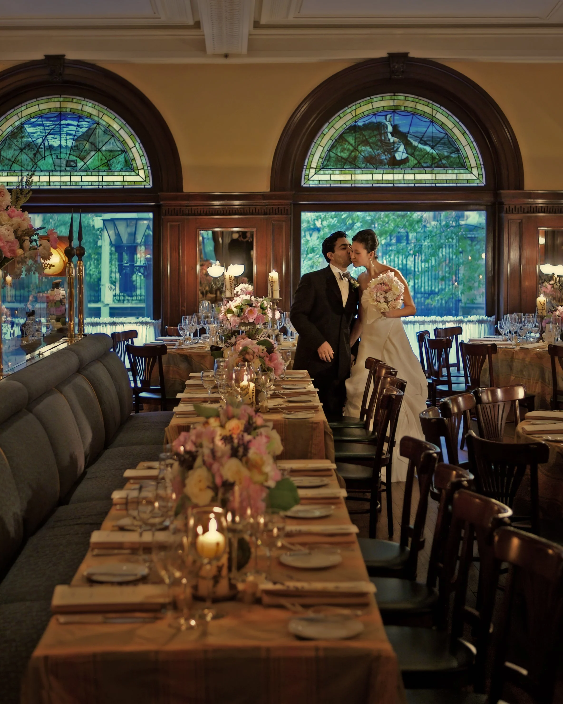 Bride and groom share an intimate moment during their reception reveal at Union League Cafe.