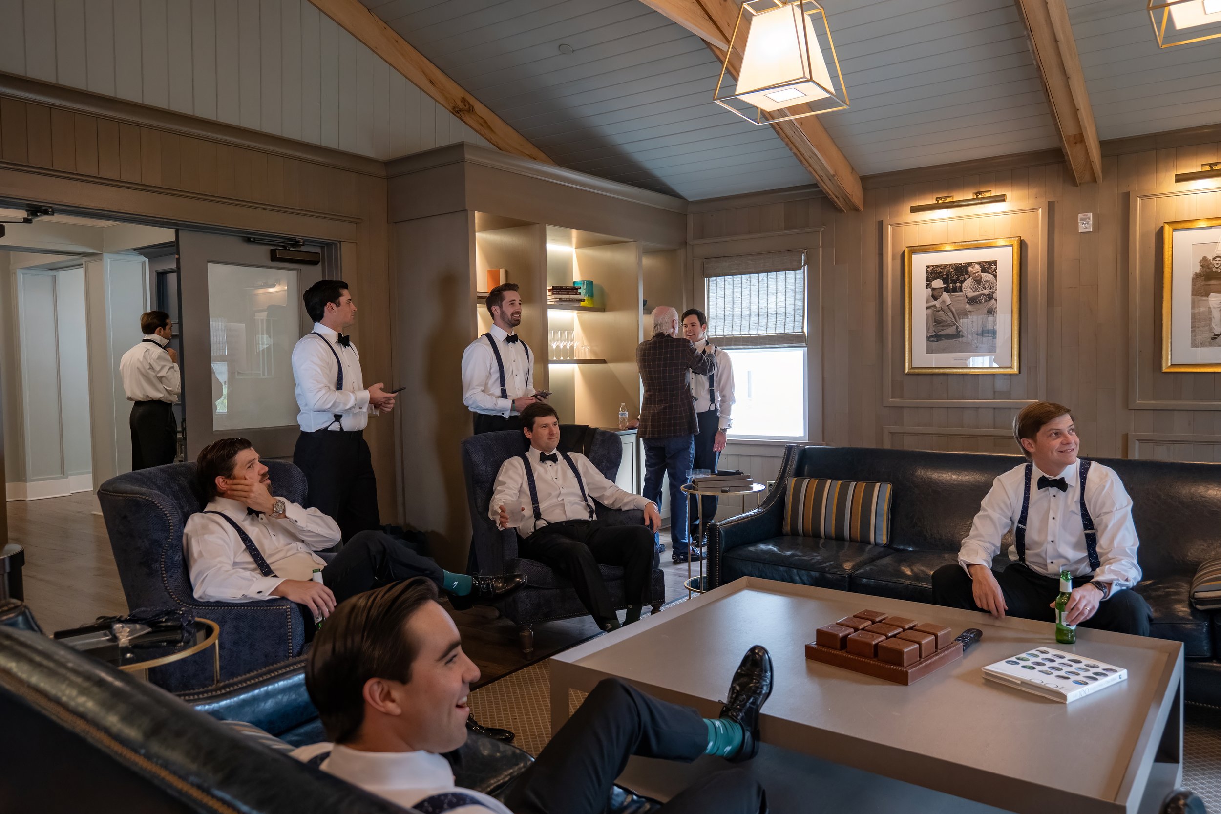 Groomsmen relax in The Manor at a Pinehurst Resort Wedding