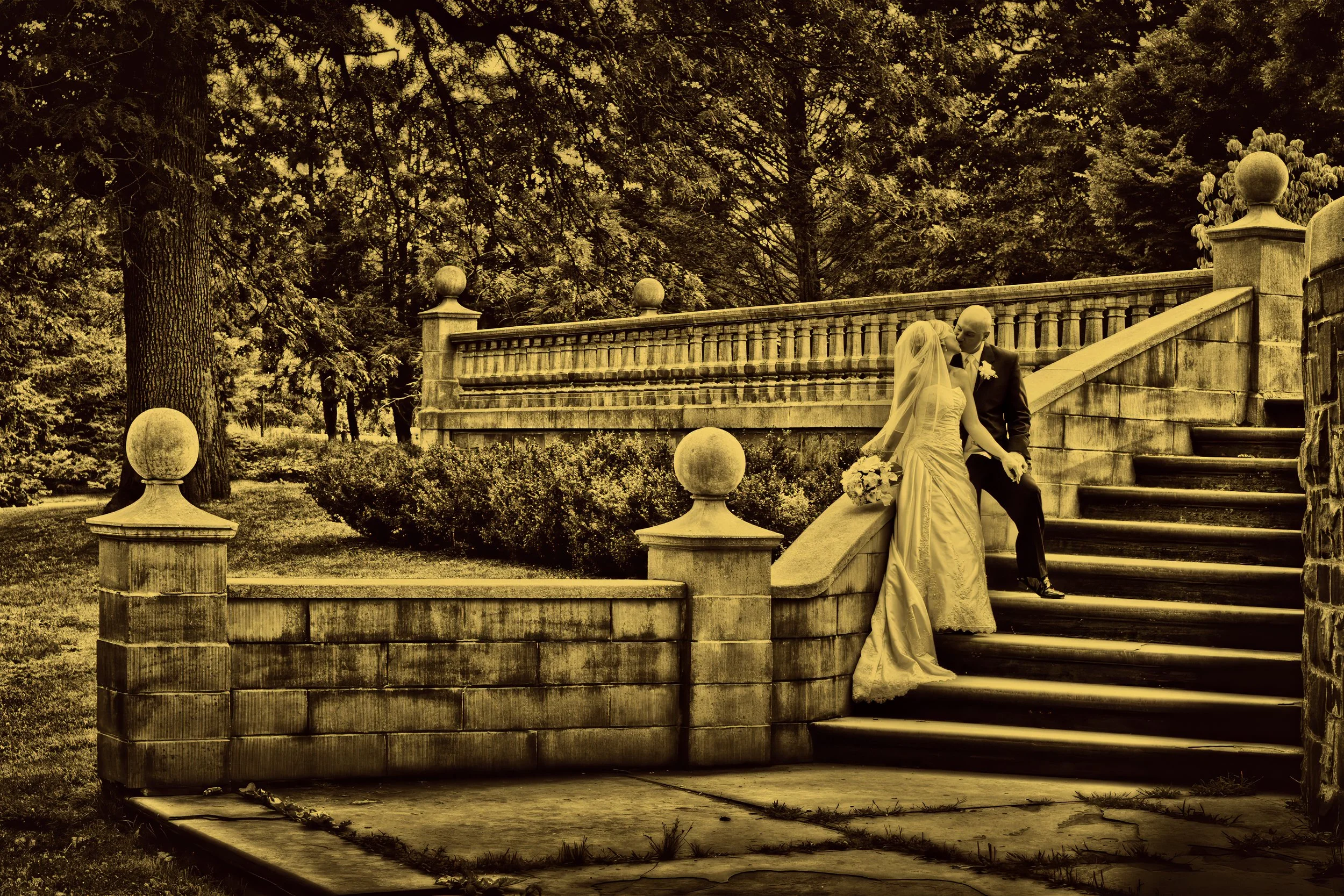 Bride and groom fine art wedding portraits with split tone styling at Edgerton Park in New Haven.