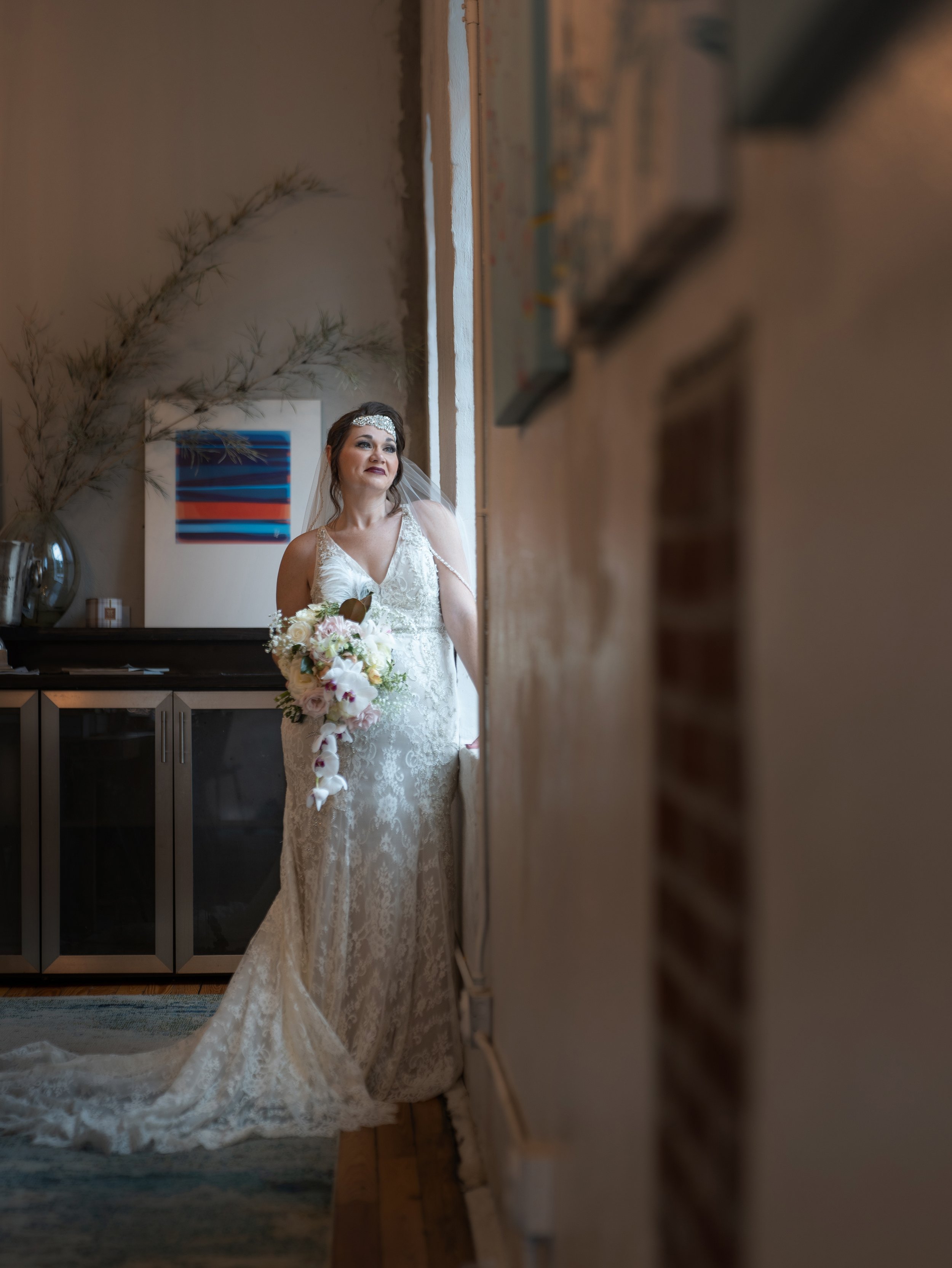Bridal portrait in the Victory North Savannah skylight loft