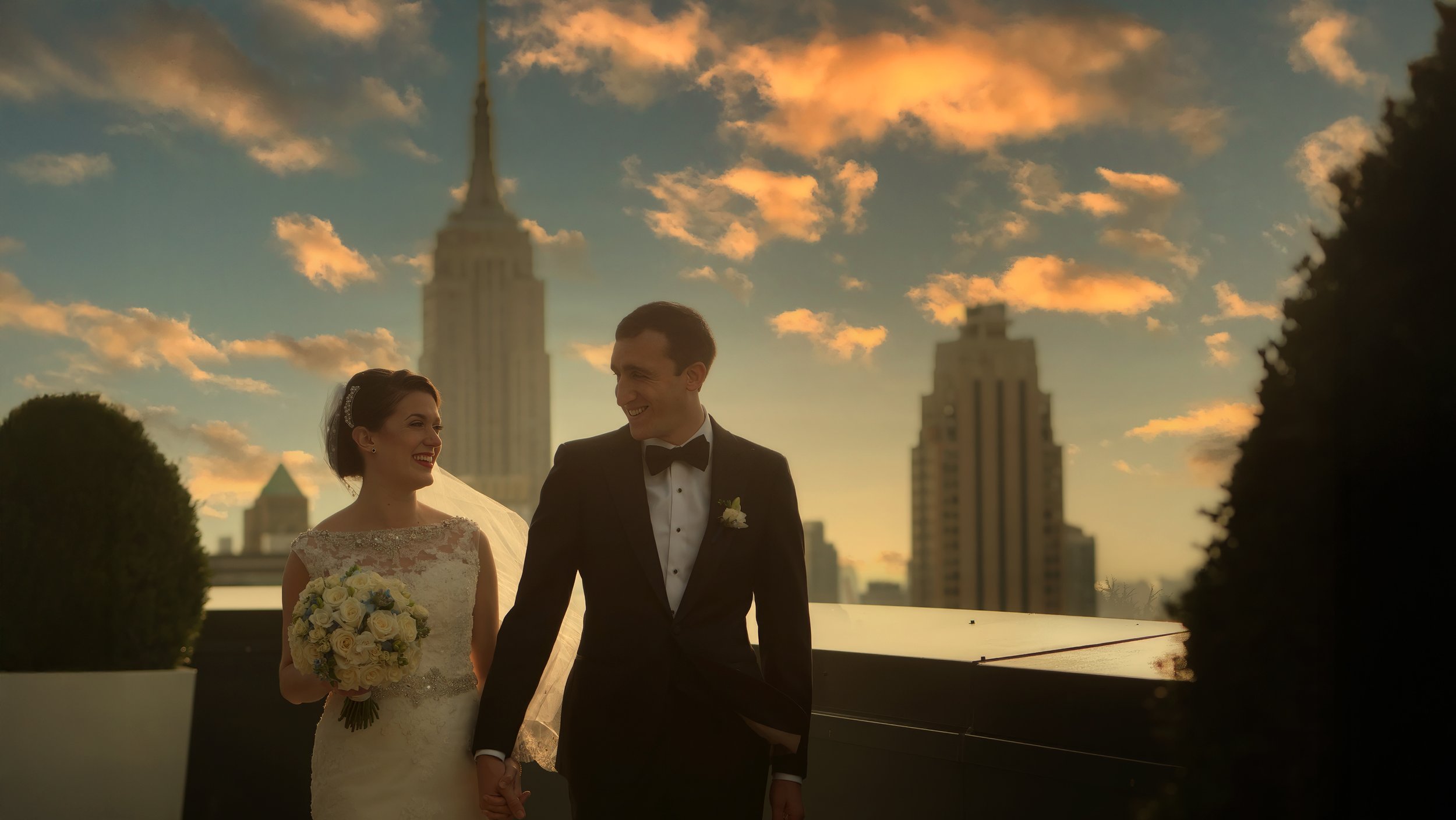 Lotte New York Palace Hotel rooftop bride and groom portrait