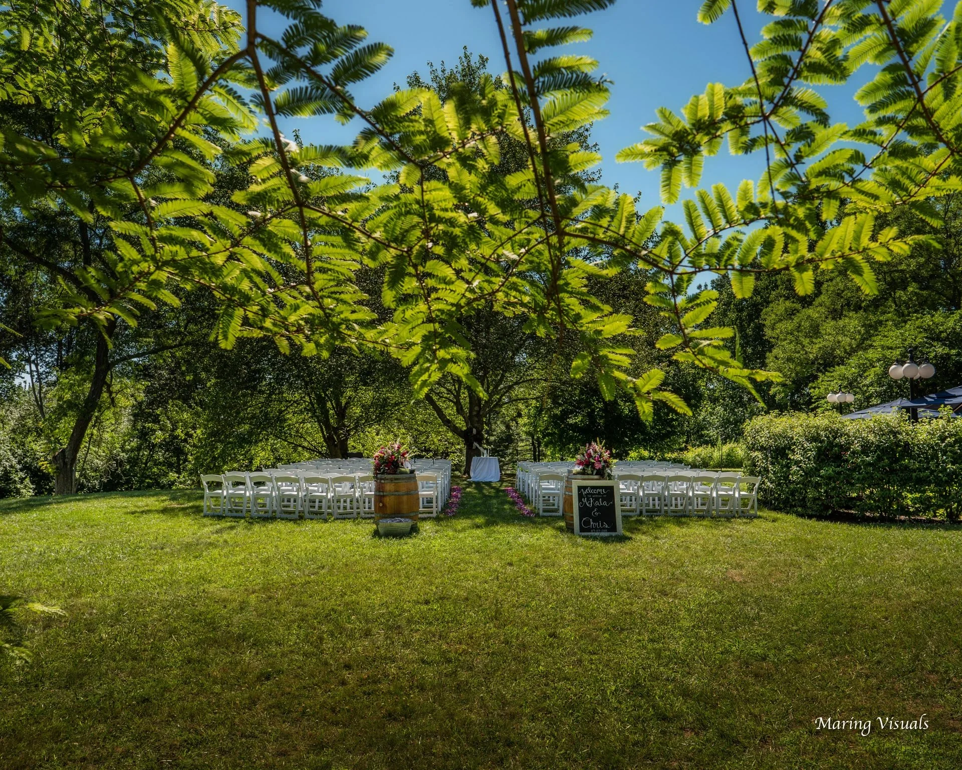 Wedding ceremony setup at Whispering Oaks Norwalk Connecticut
