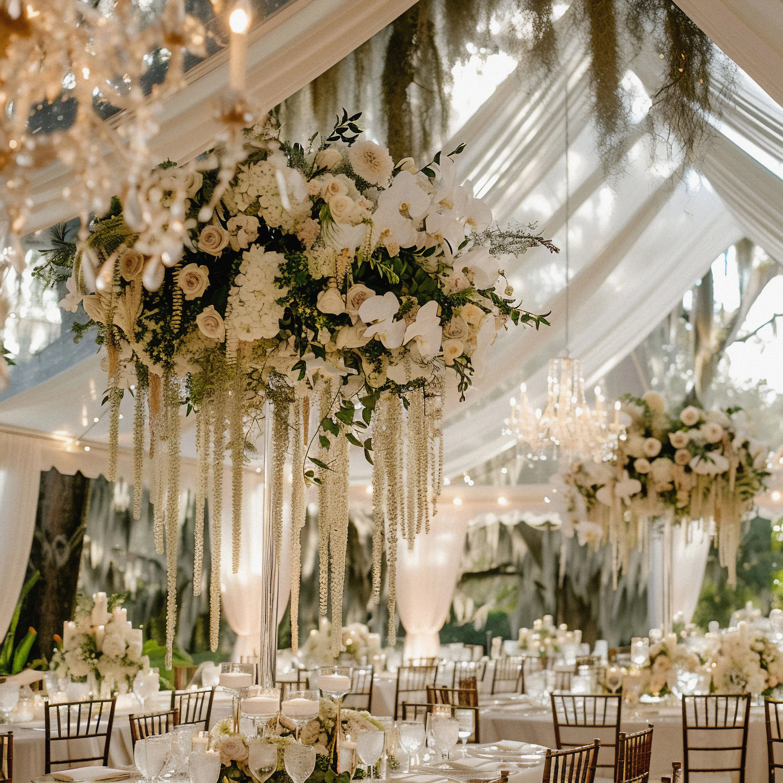 Elegant floral arrangements decorating a tented wedding reception in the Lowcountry.