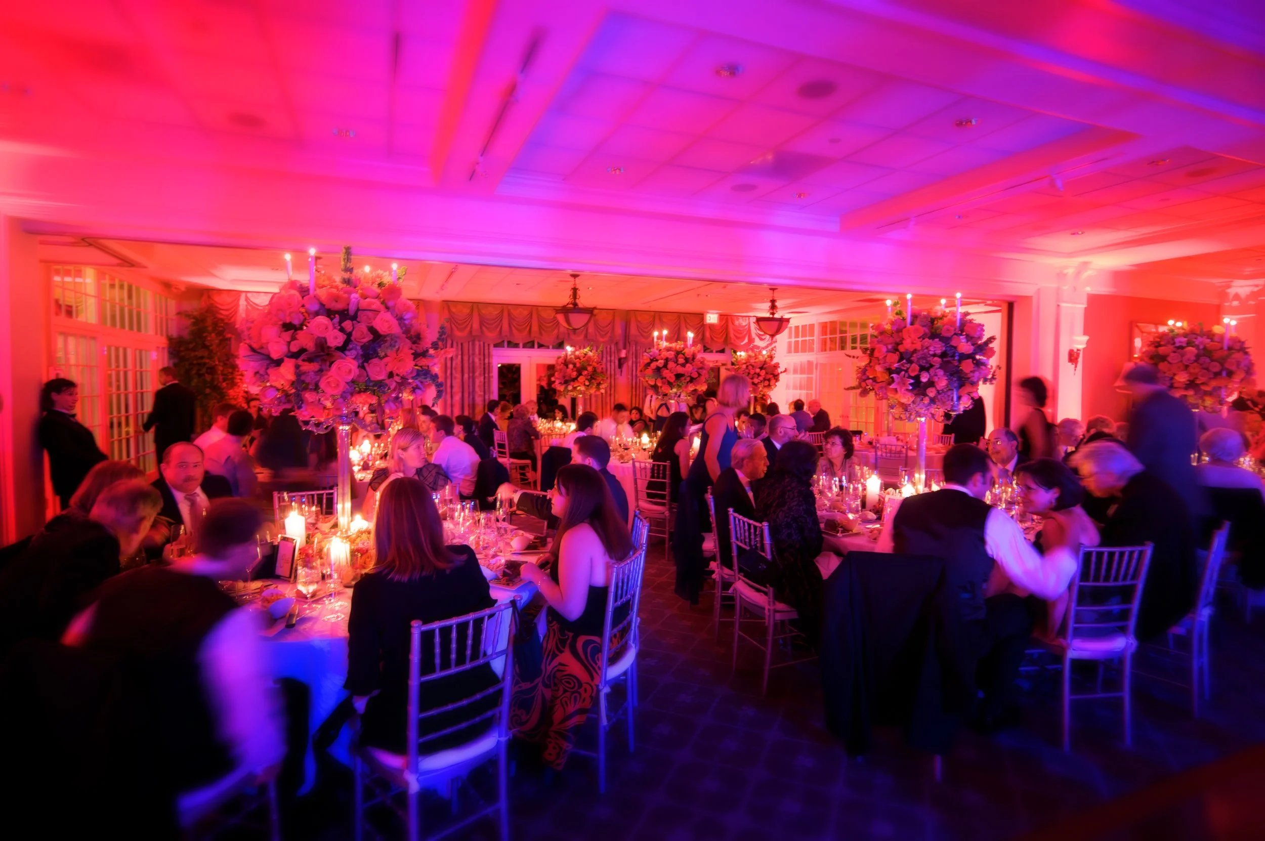 Wide-angle view of guests engaged in conversation over dinner in the ballroom.