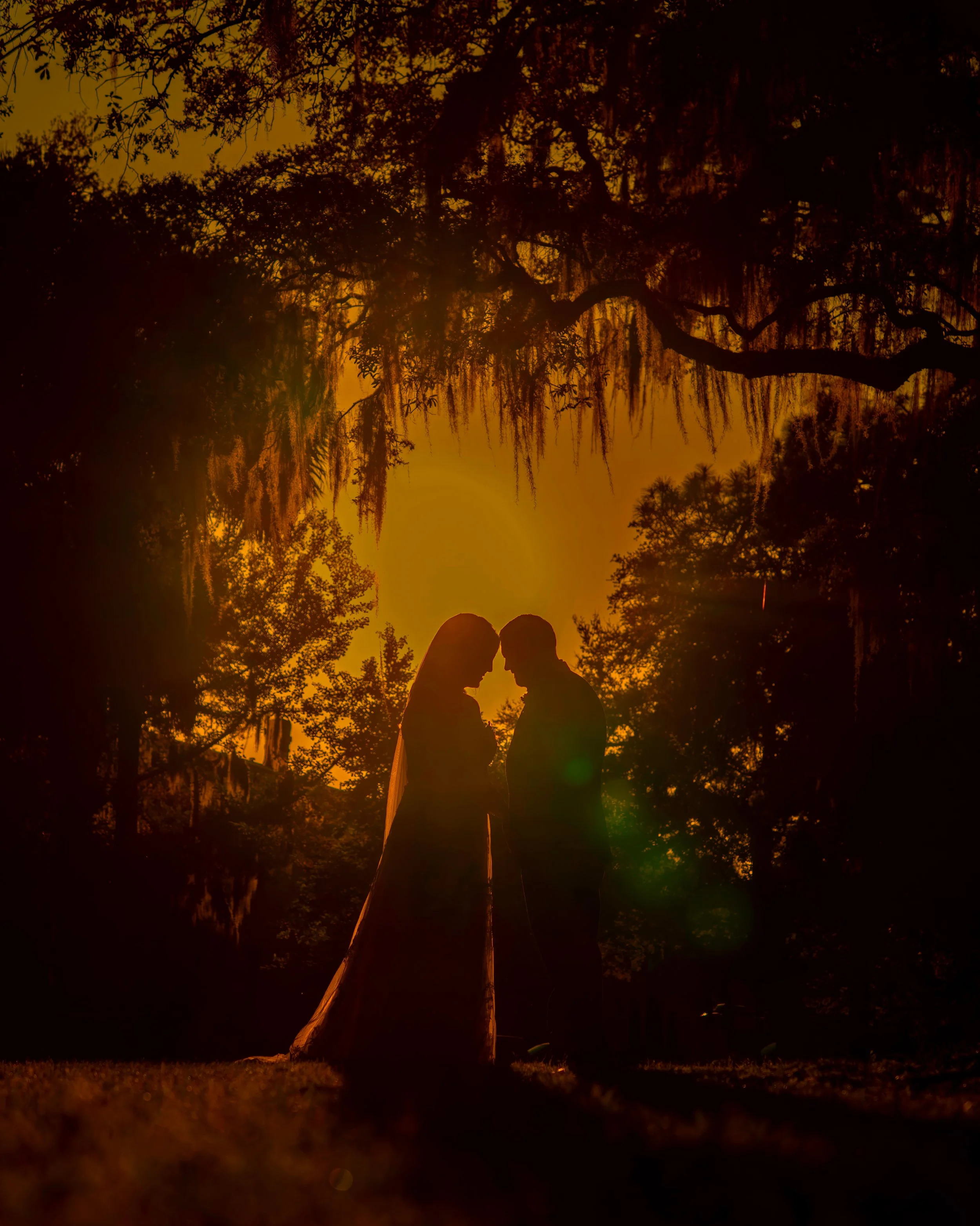elope to Savannah golden hour elopement Forsyth Park bride and groom sunset light
