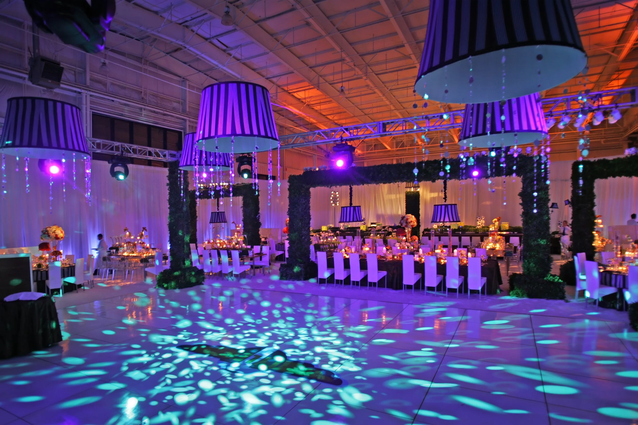 Sweeping view of an elaborate Bar Mitzvah celebration designed by David Tutera featuring dramatic décor and luxury event styling.