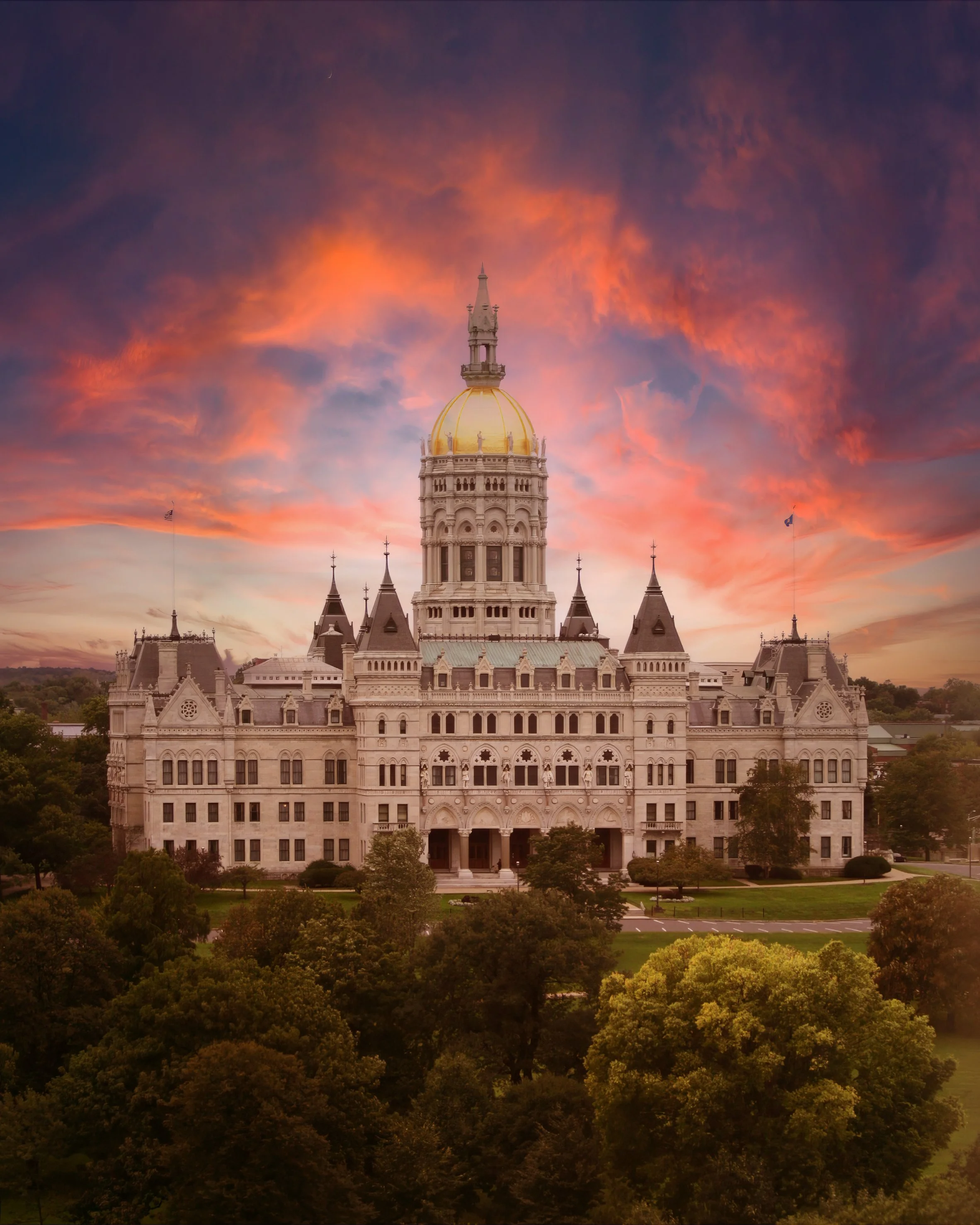 View of Hartford Capitol as seen from Bond Ballroom windows during a wedding celebration.