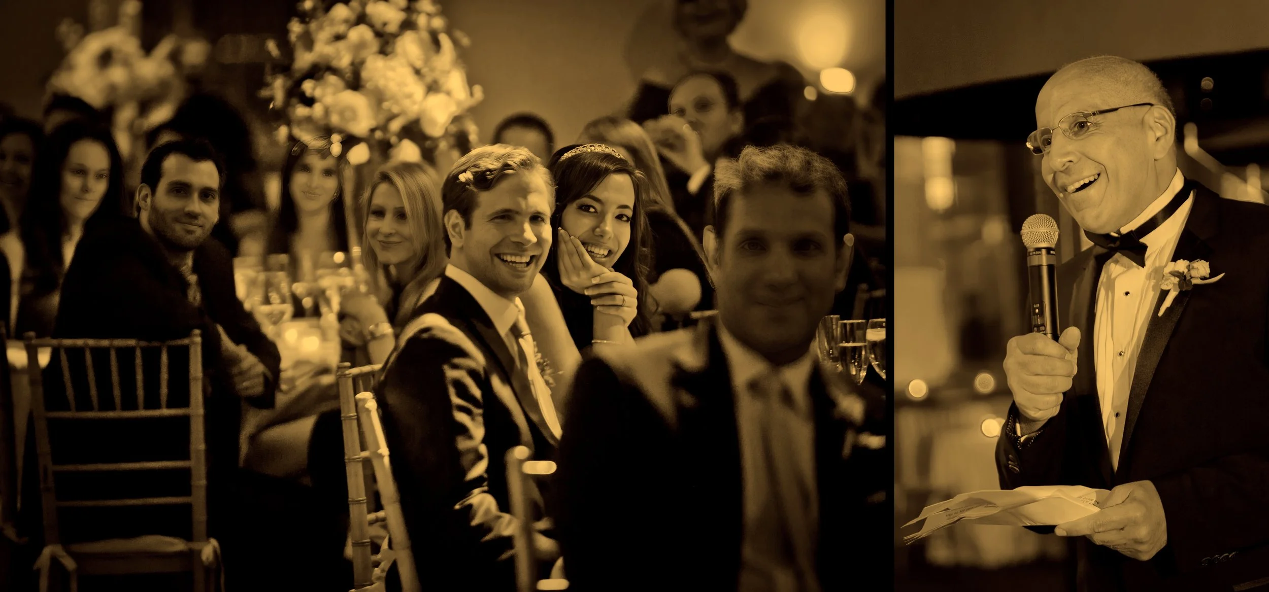Bride and groom reacting with laughter and emotion during a heartfelt wedding toast at Tribeca Rooftop.