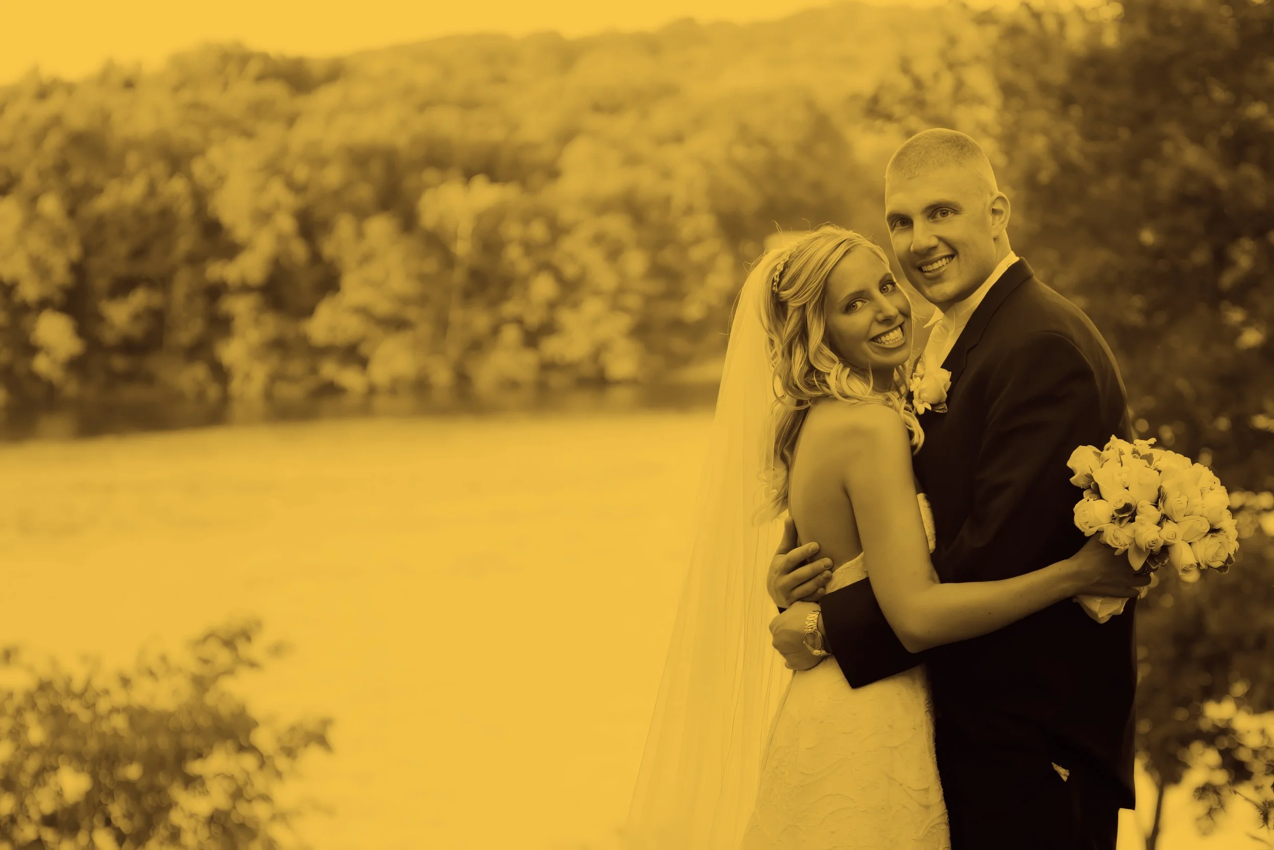 Bride and groom portrait overlooking Lake Zoar at Waterview in Monroe, Connecticut
