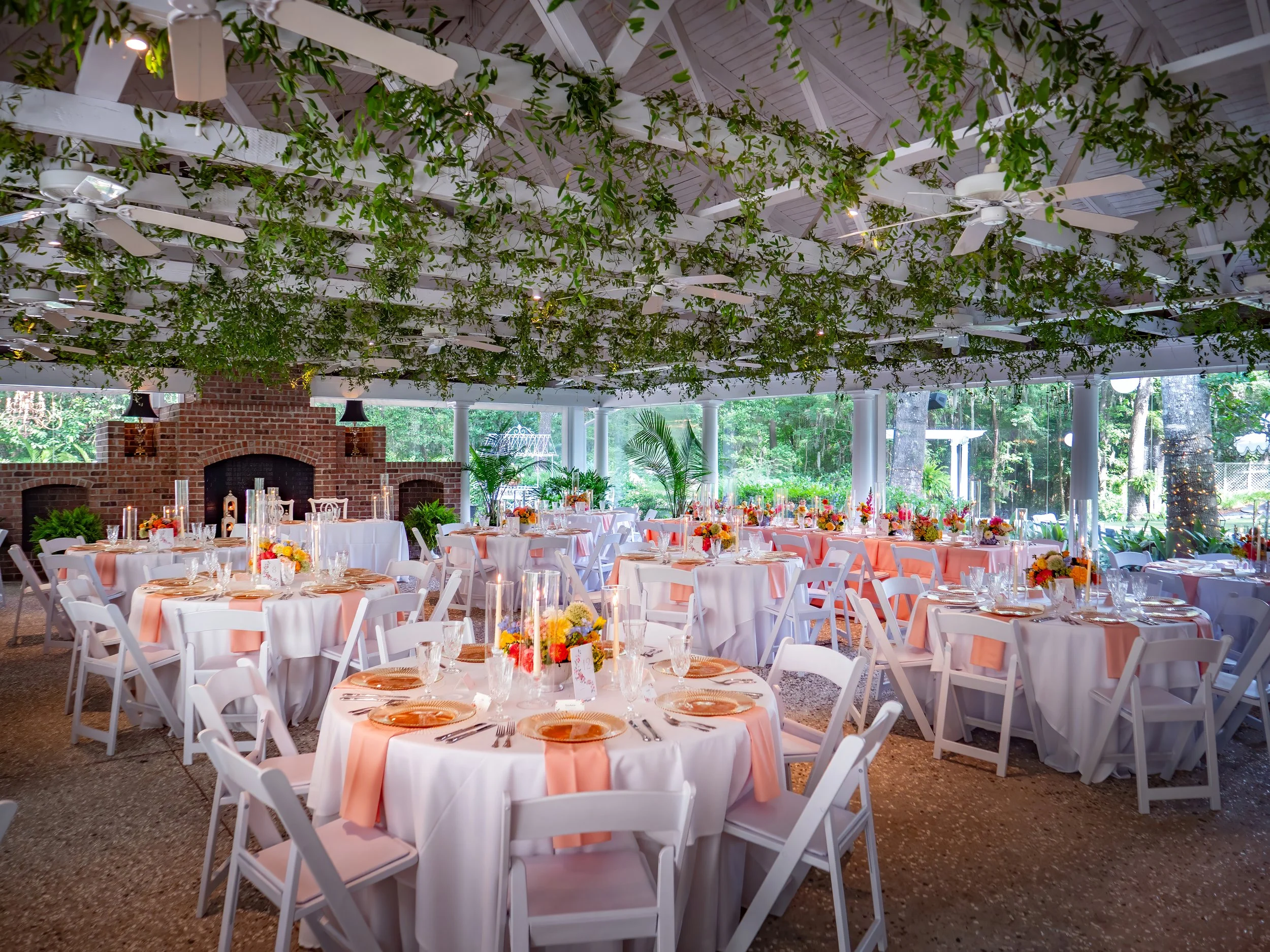 Wedding reception prepared inside the air-conditioned reception space at The Mackey House for a summer wedding celebration.