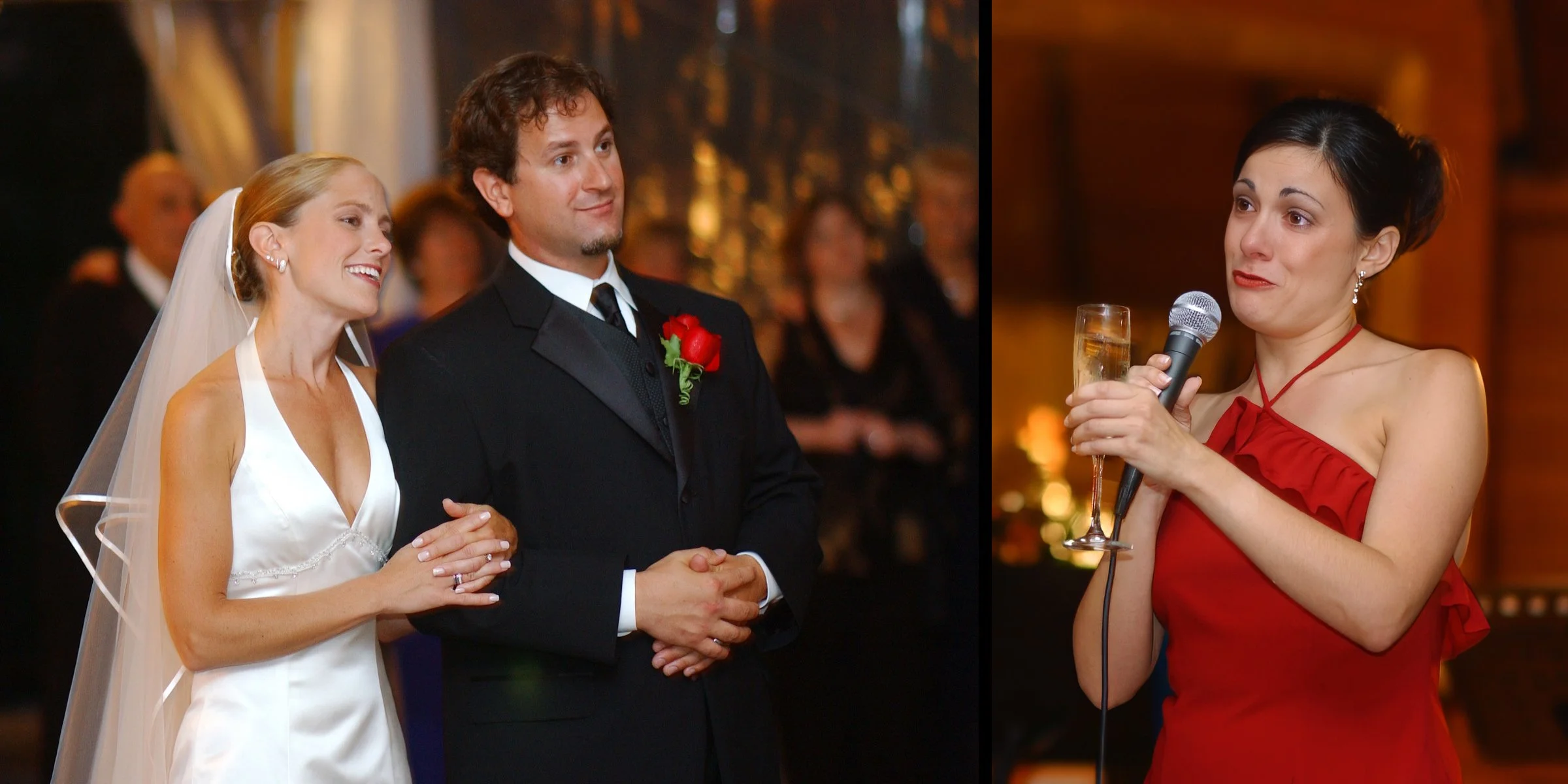Bridesmaid delivers heartfelt toast while bride and groom listen attentively at Castle Hill reception.