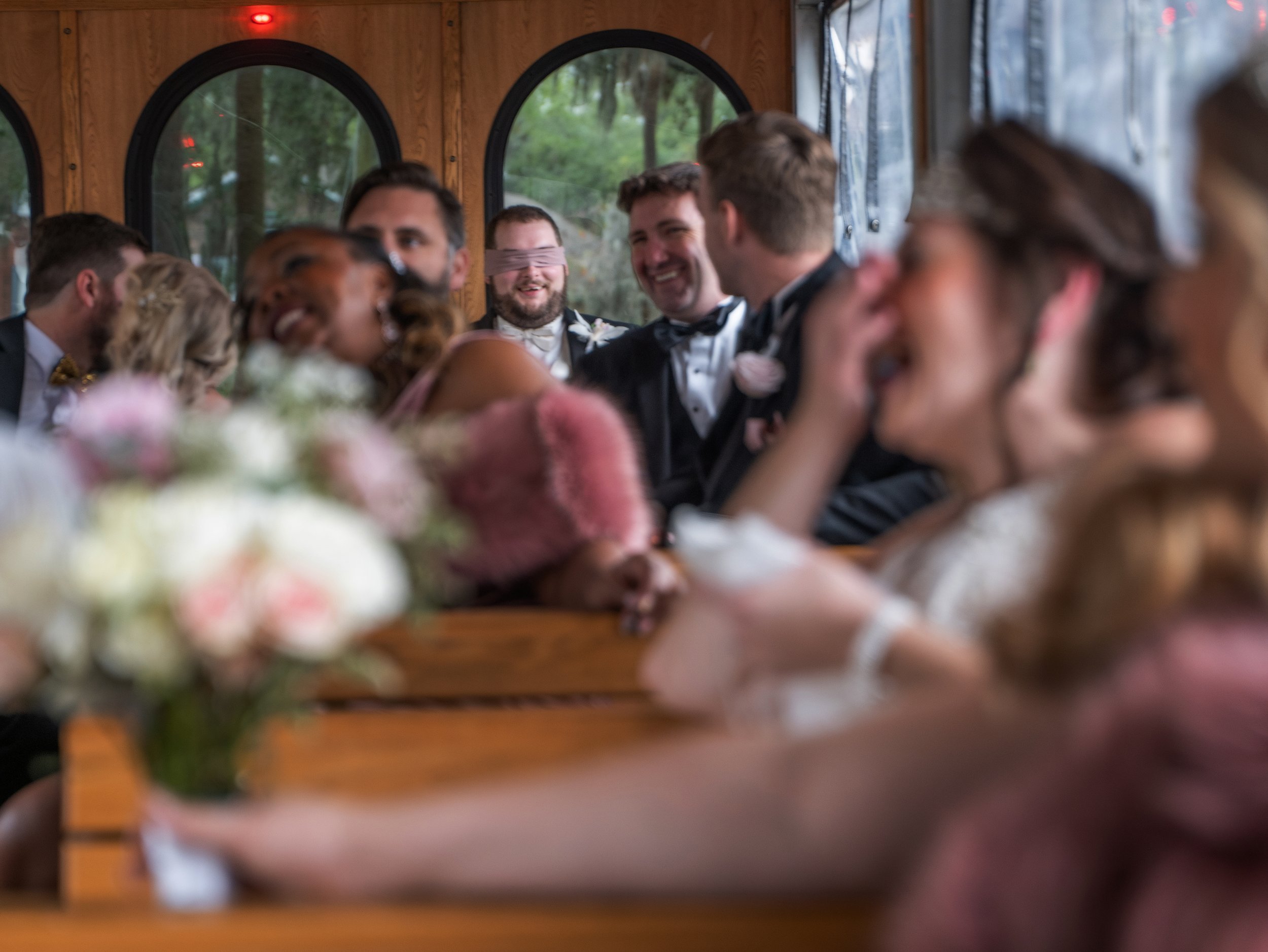 The wedding party heads to Forsyth Park for Wedding Photos