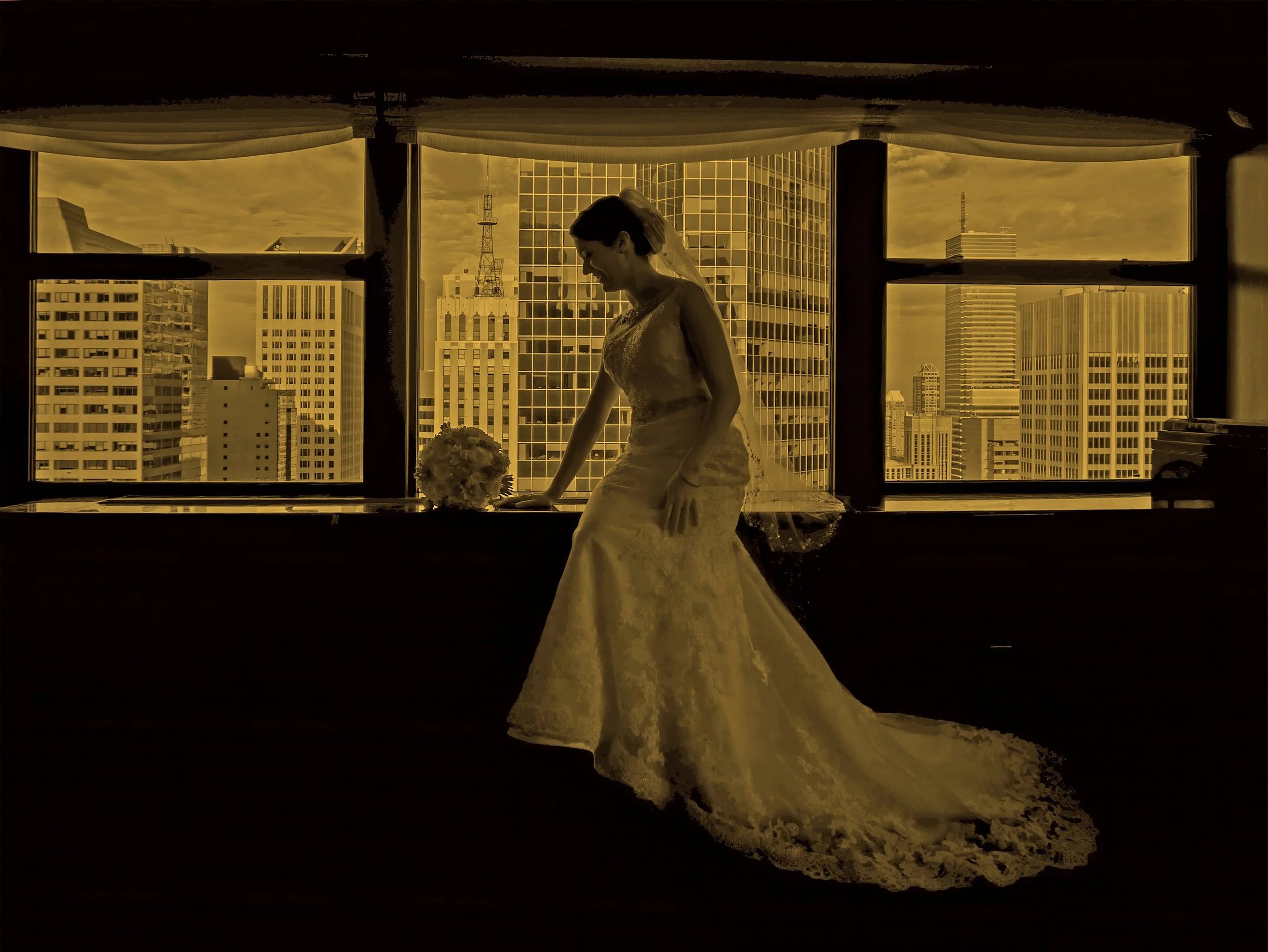 Fine art bridal portrait in a luxury suite at the Lotte New York Palace with sweeping Manhattan skyline views.