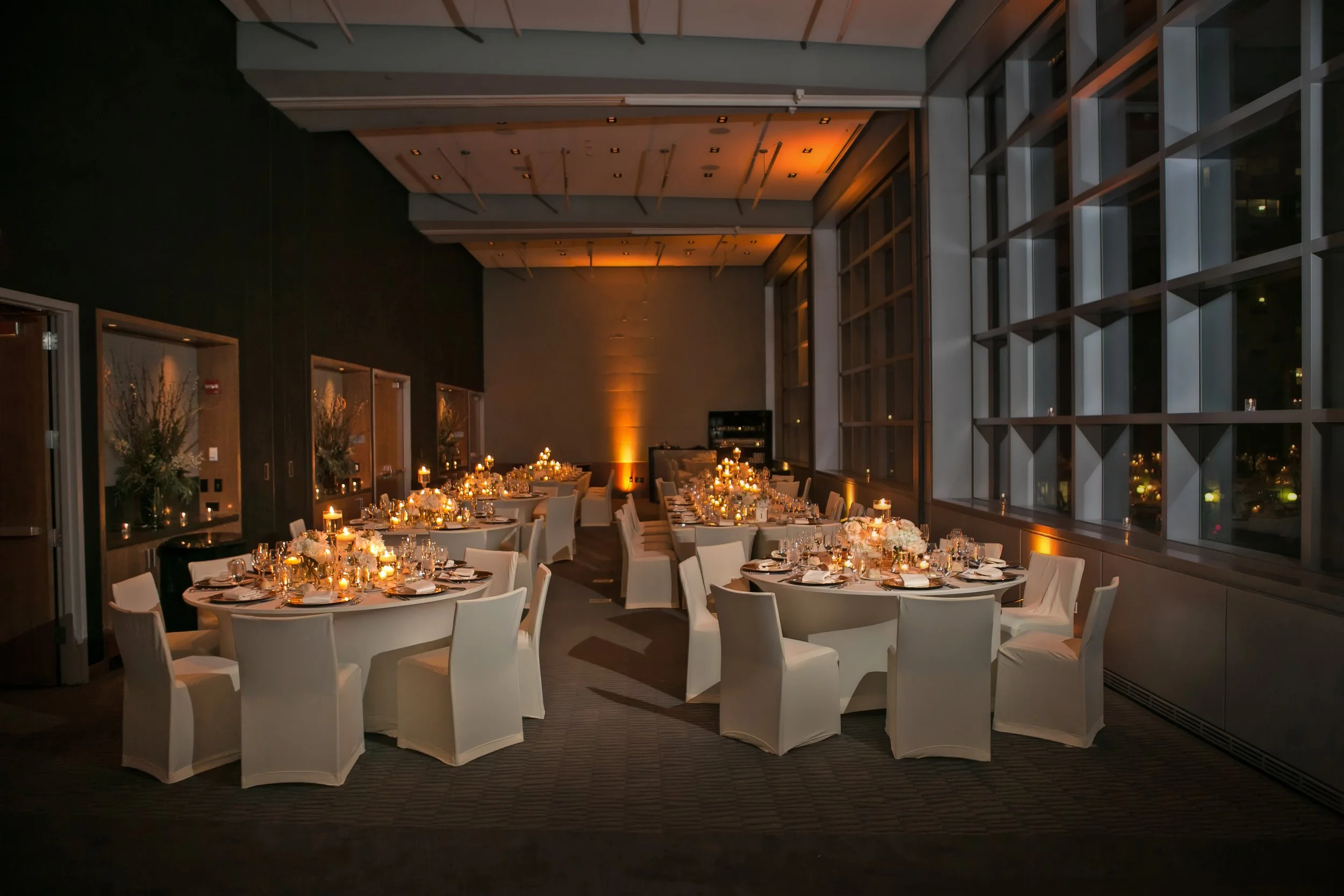 Elegant ballroom at W Hoboken set for an intimate wedding reception.