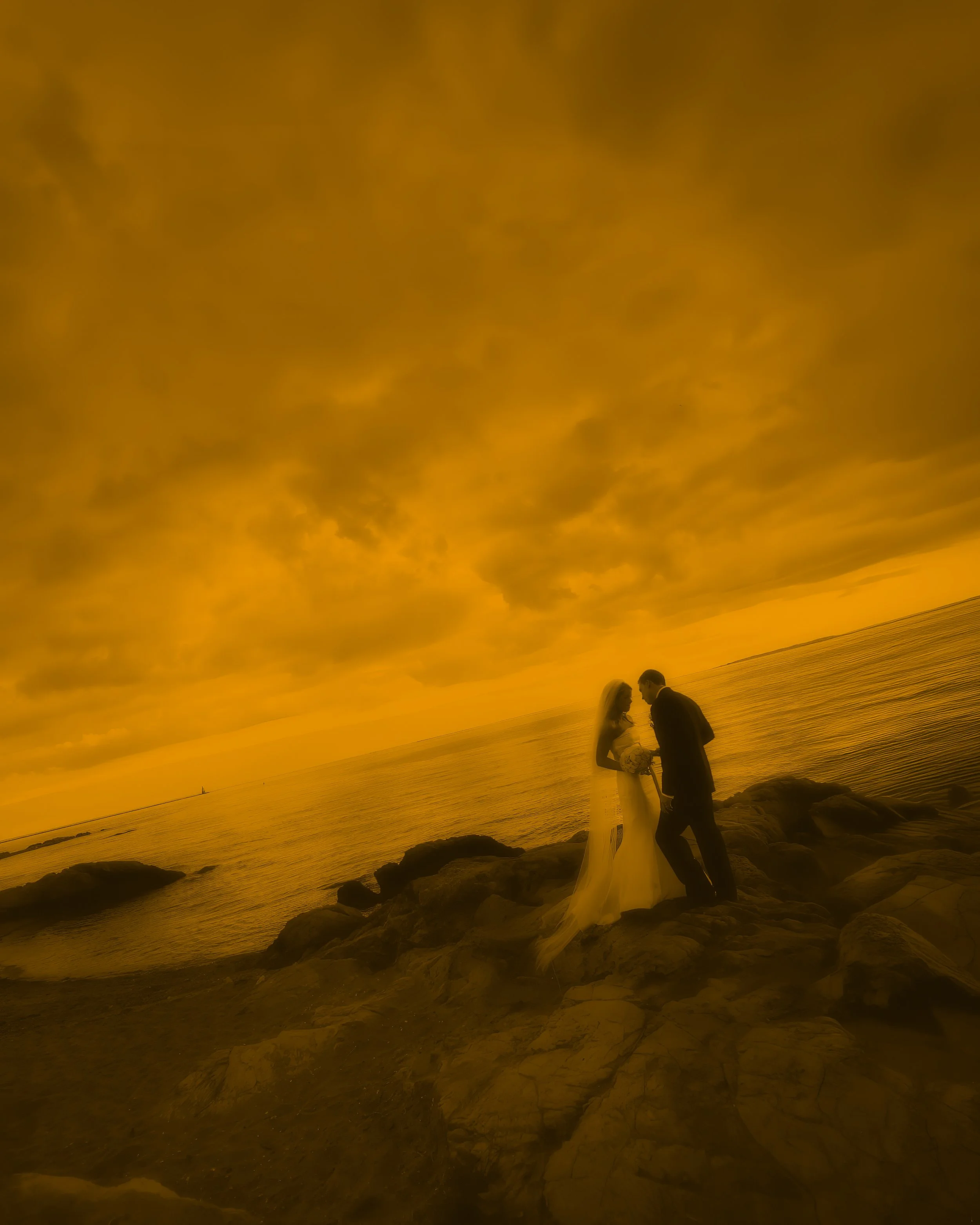 Fine art silhouette of bride and groom overlooking New Haven Harbor at Lighthouse Point Park