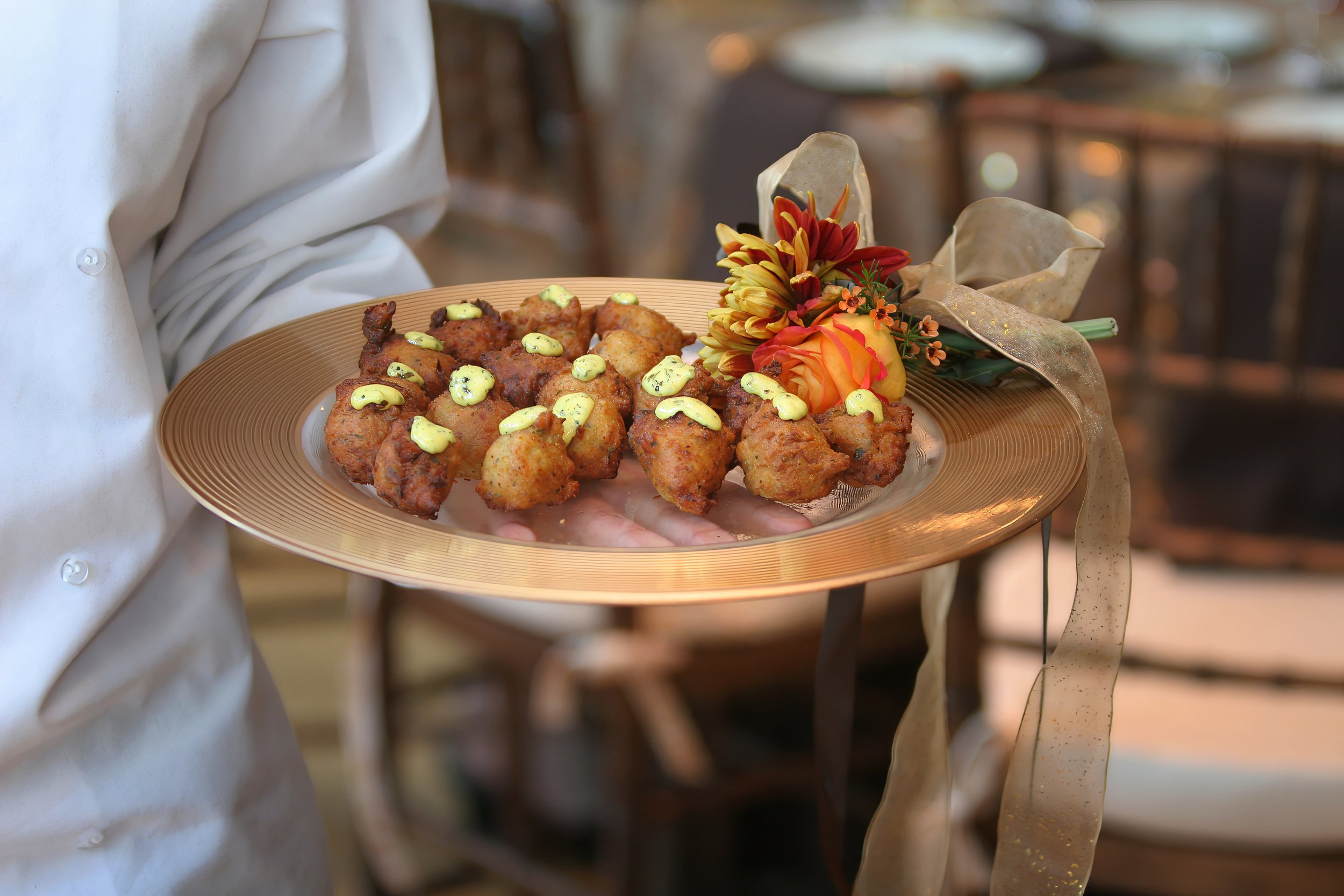 Passed hors d’oeuvres served during cocktail hour at a Guilford Yacht Club wedding reception.