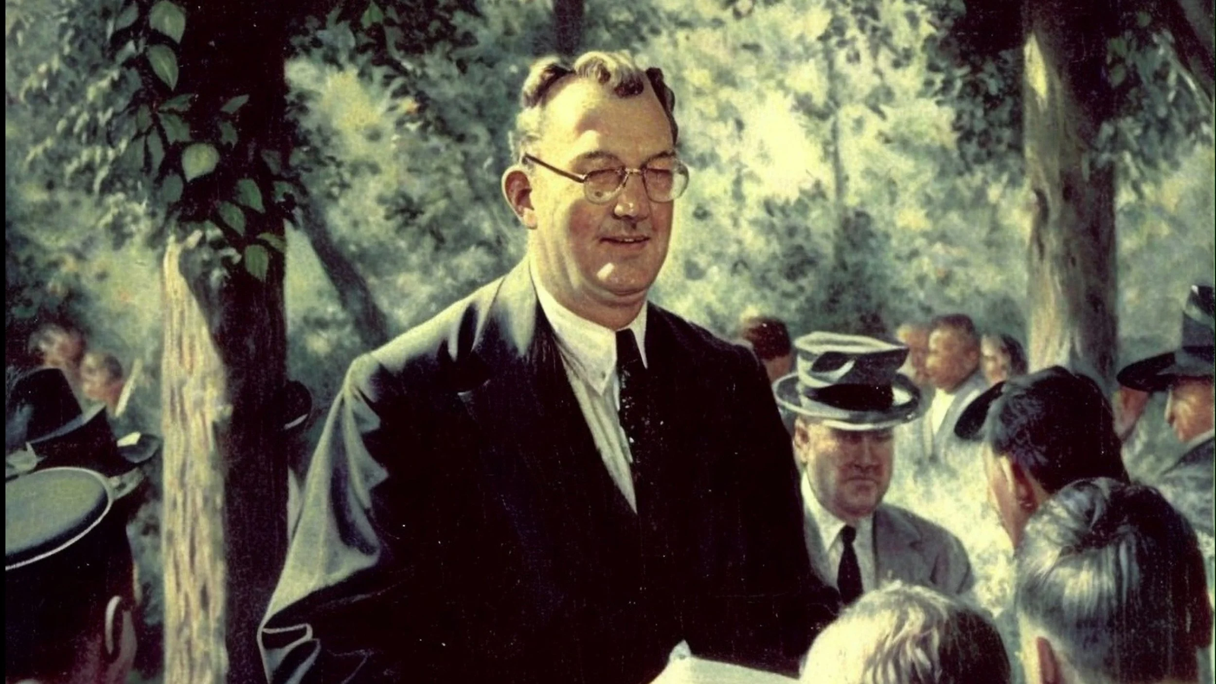 AI-assisted artistic reconstruction of an early outdoor church revival, created from an authentic historical preacher portrait for a church history documentary.