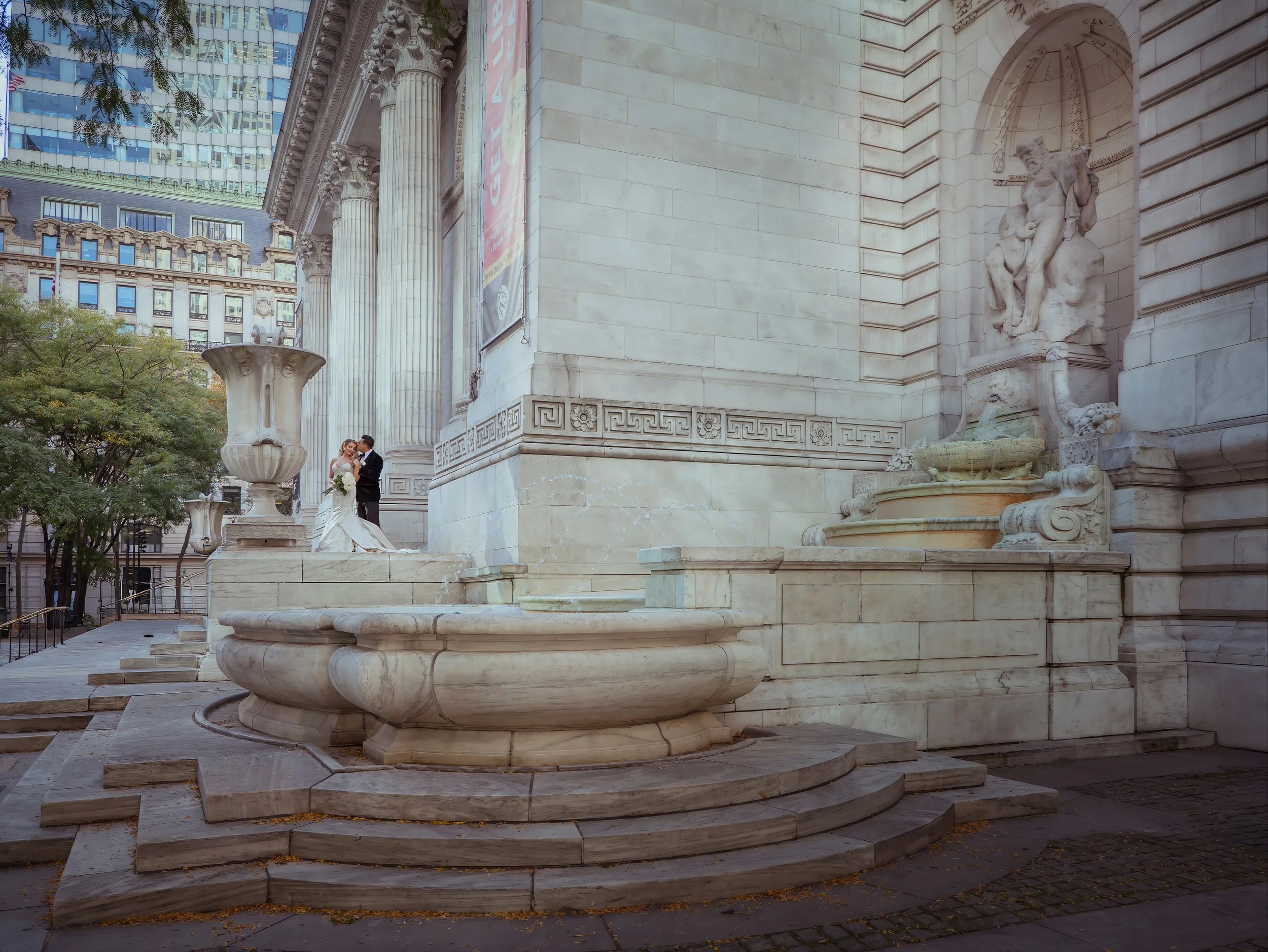 Sweeping bride and groom portrait at the New York Public Library Midtown Manhattan wedding photography