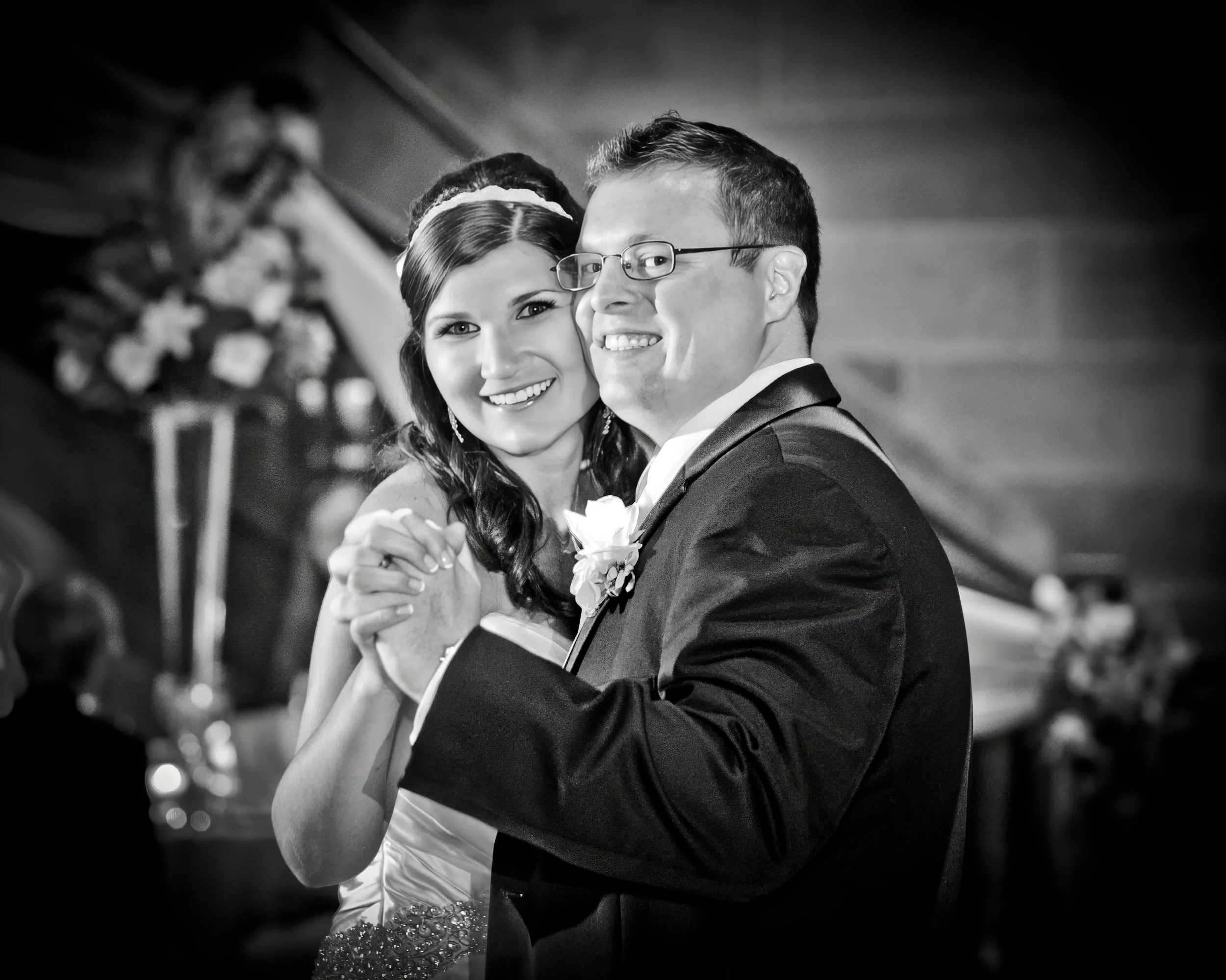 Closeup of joyful bride and groom during their first dance at The Society Room of Hartford.