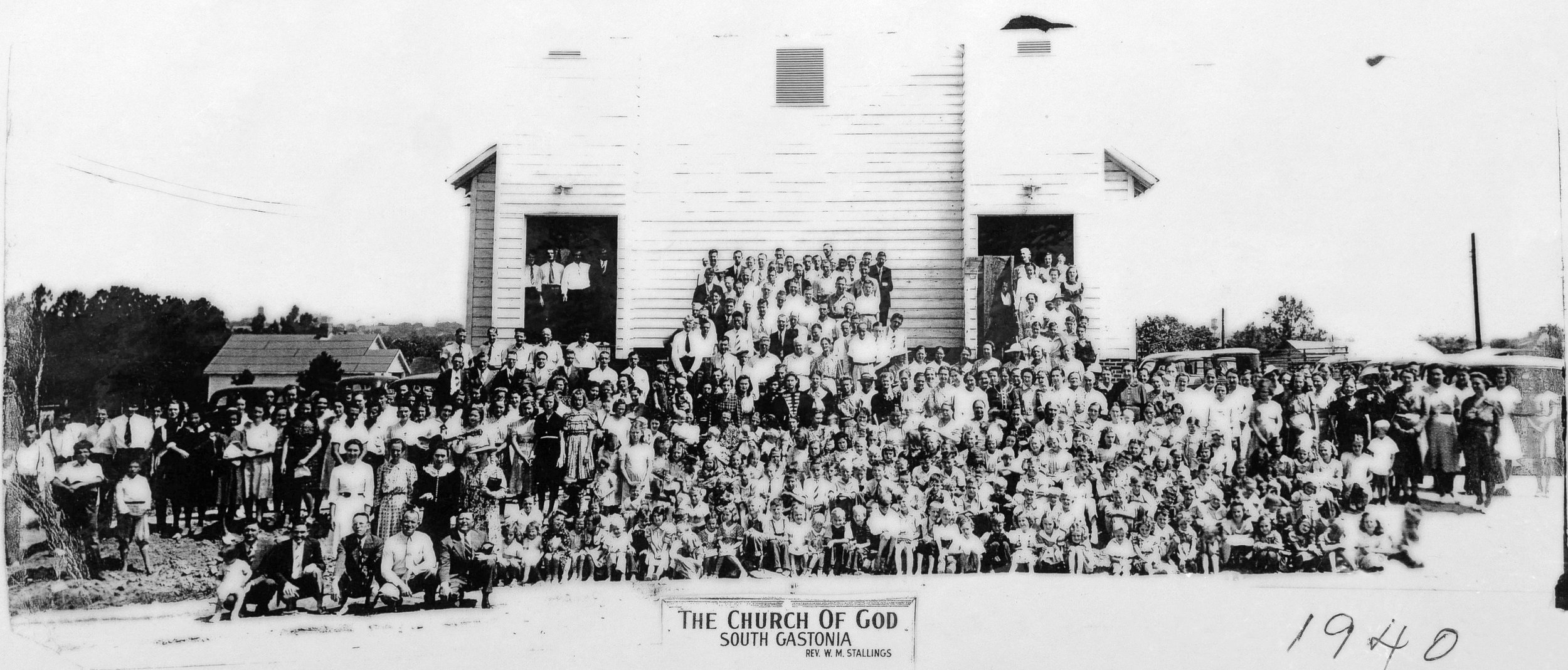 Historic 1940 congregation portrait from South Gastonia Church of God, preserved and incorporated into a 90th anniversary documentary film.