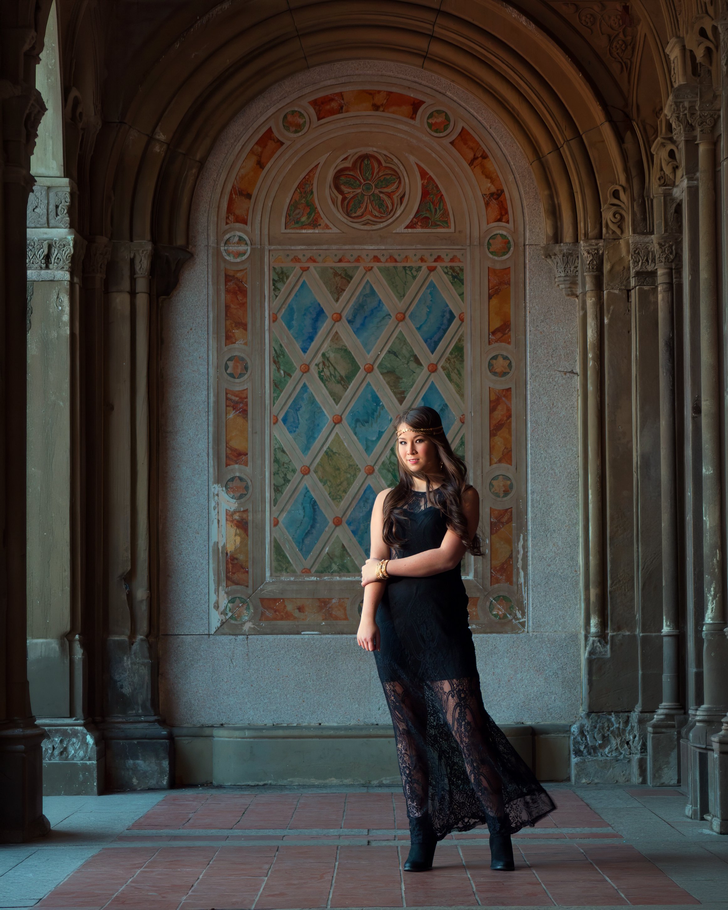 Senior portraits in Central Park NYC inside the Bethesda Arcade