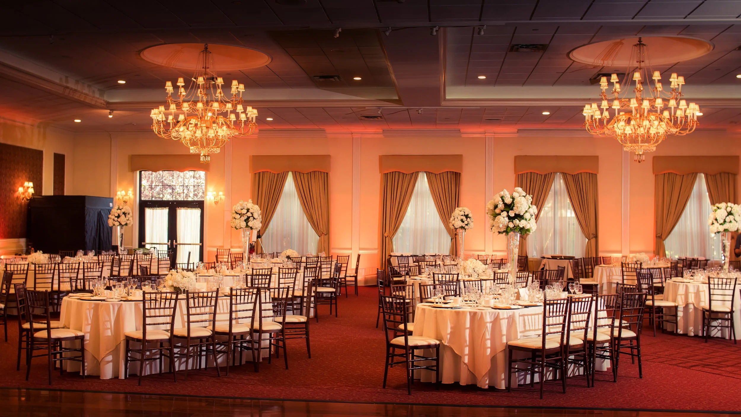 Sweeping view of The Grandview Ballroom set for an elegant wedding reception.