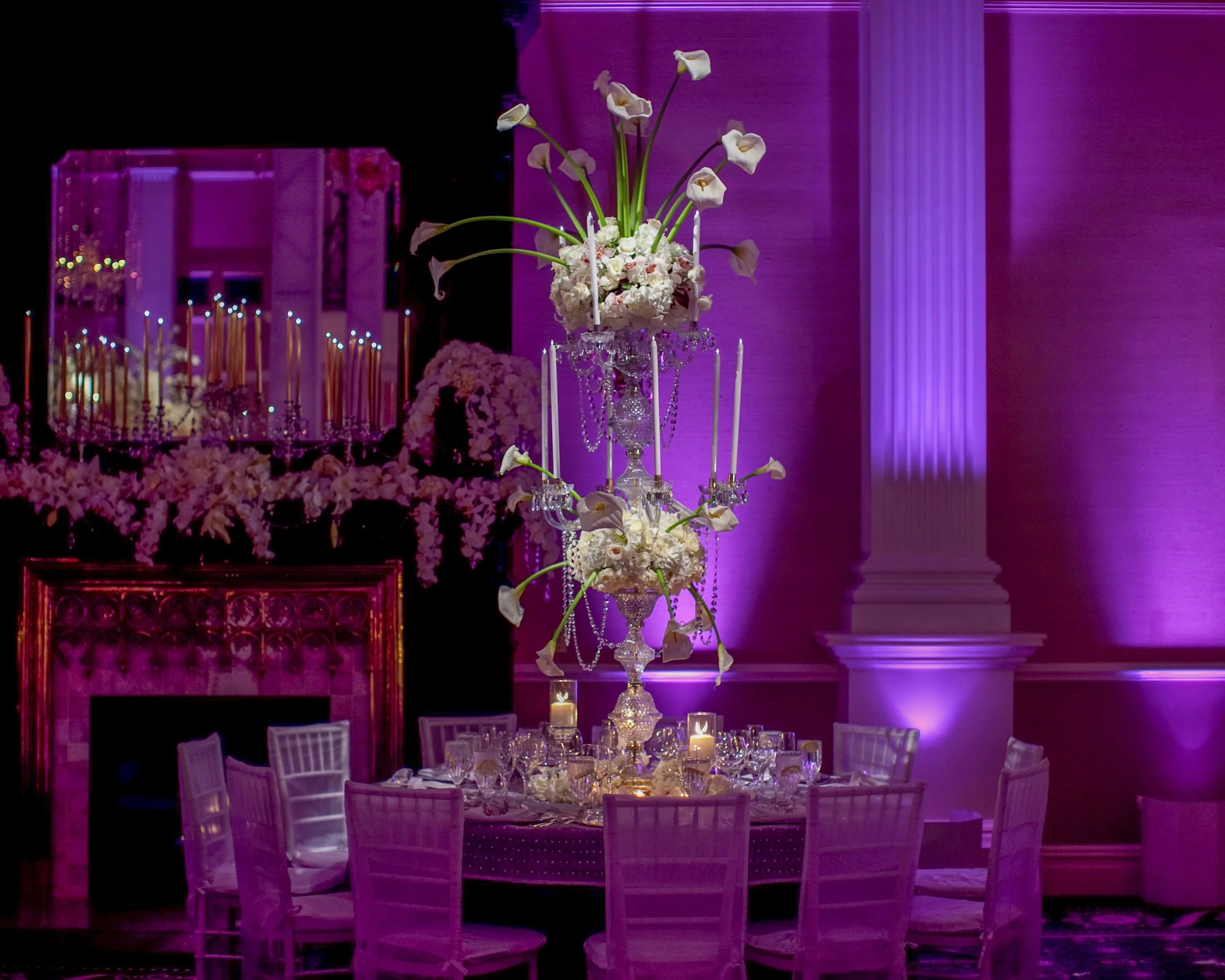 Elegant floral arrangements and opulent ballroom decor at The Palace at Somerset Park designed by celebrity planner David Tutera.
