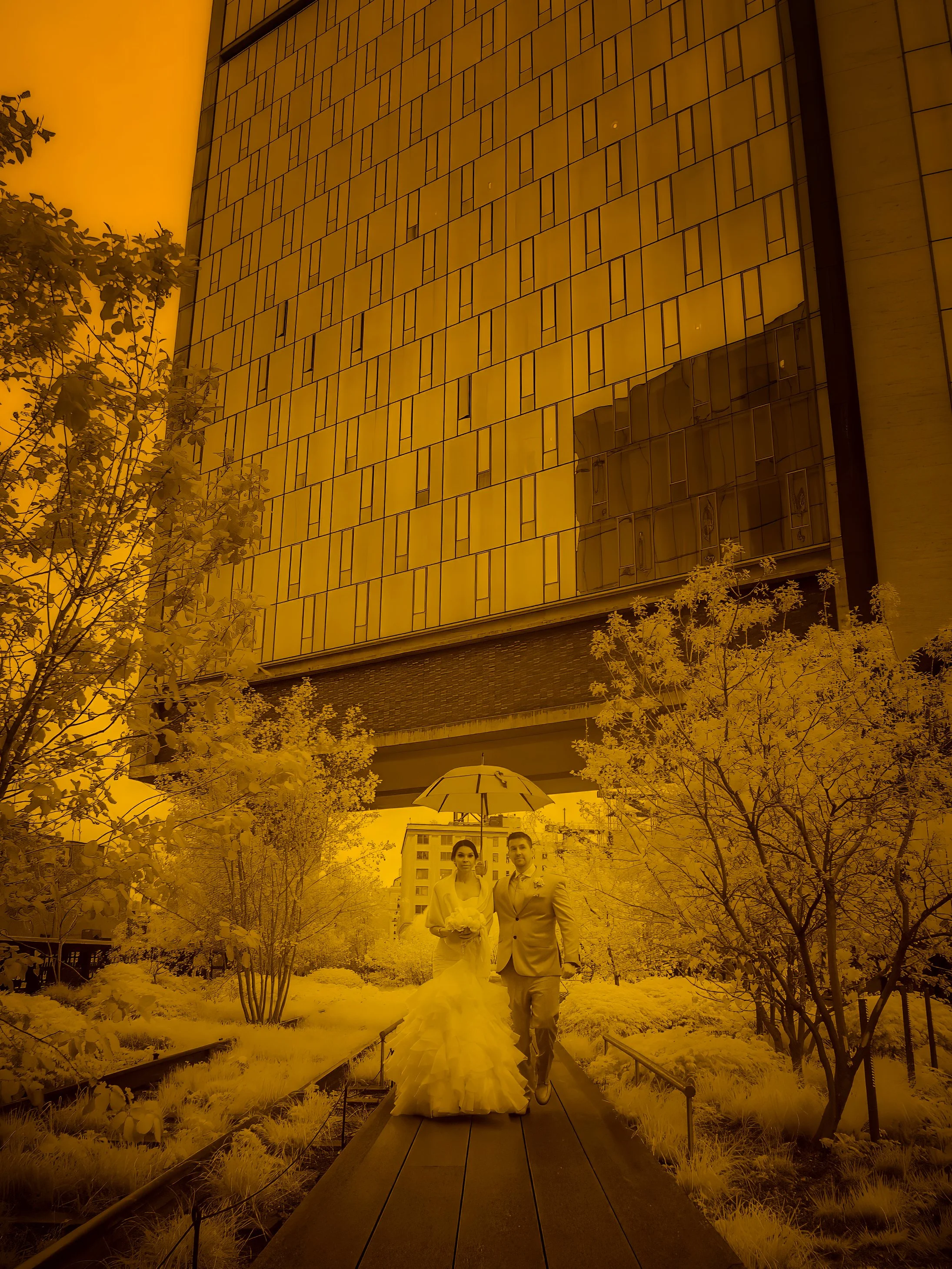 Fine art split tone portrait of bride and groom walking in the rain on the High Line with The Standard Hotel in the background, NYC wedding photography.