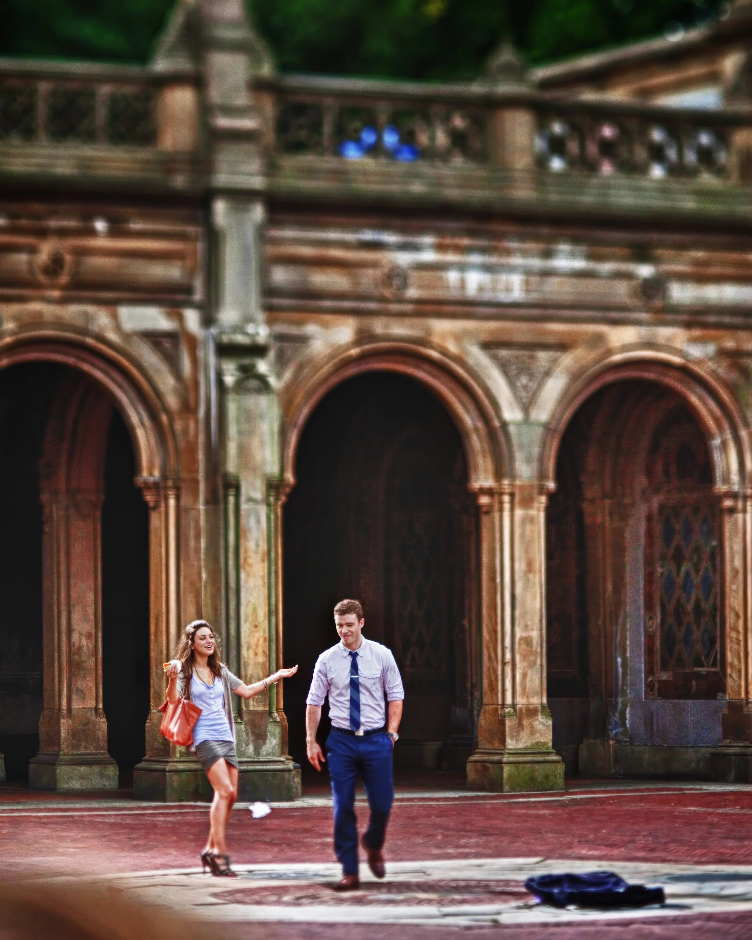 Celebrity moment just outside the tiled arcade beneath Bethesda Terrace in Central Park.