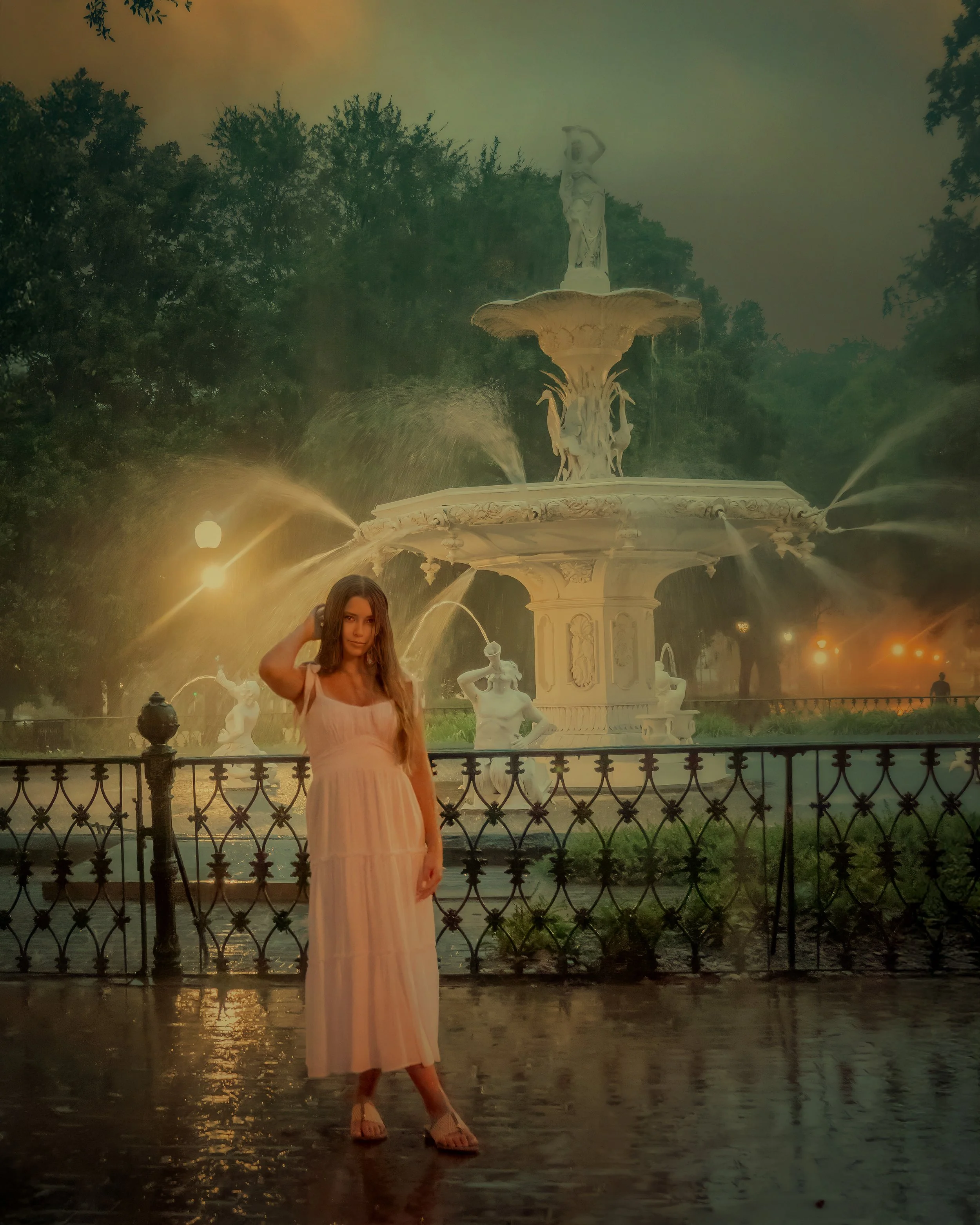 Forsyth Park Fountain Senior Portraits in the Rain
