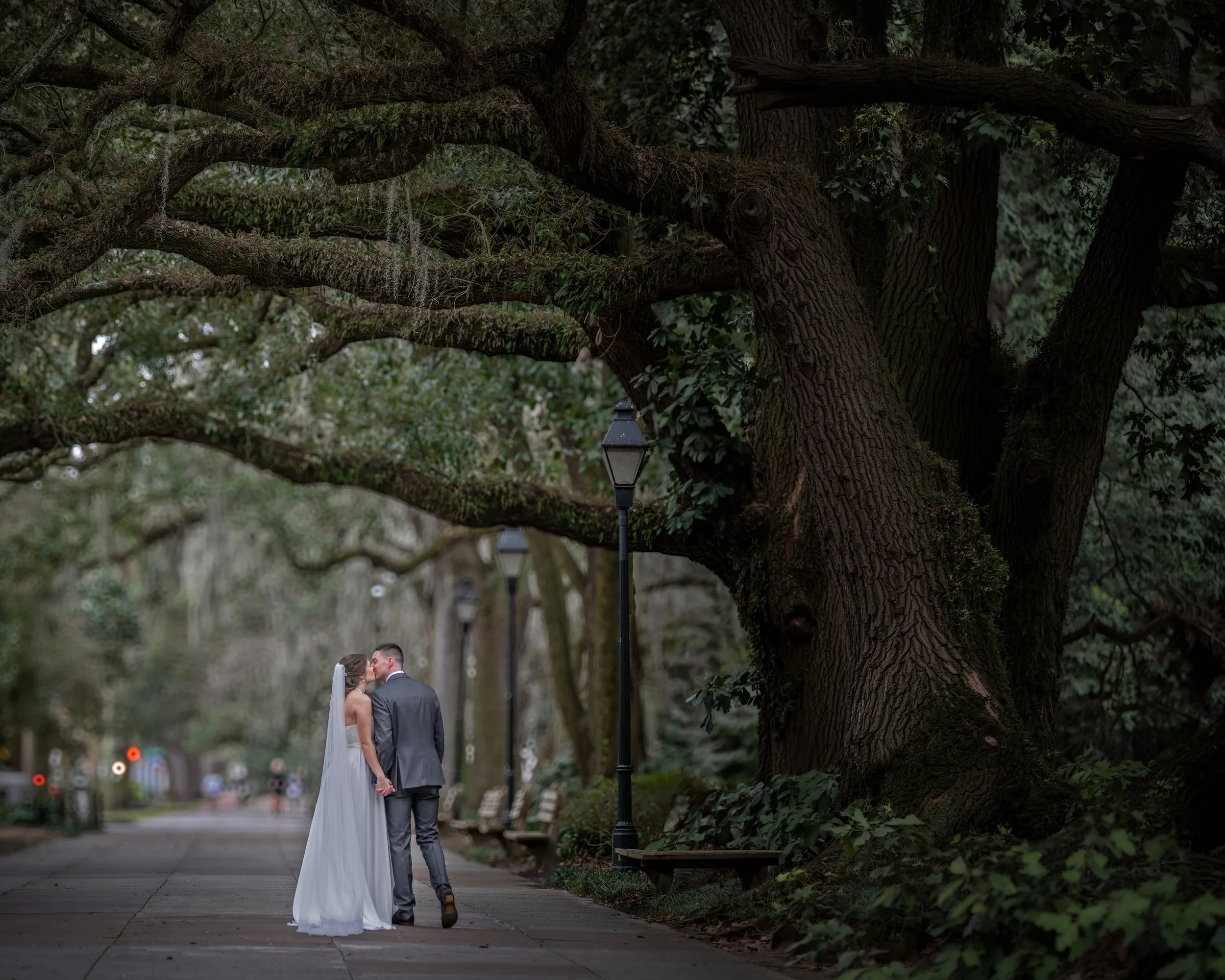 Forsyth Park elopement packages bride and groom kiss on Gaston Street walkway under live oaks Savannah