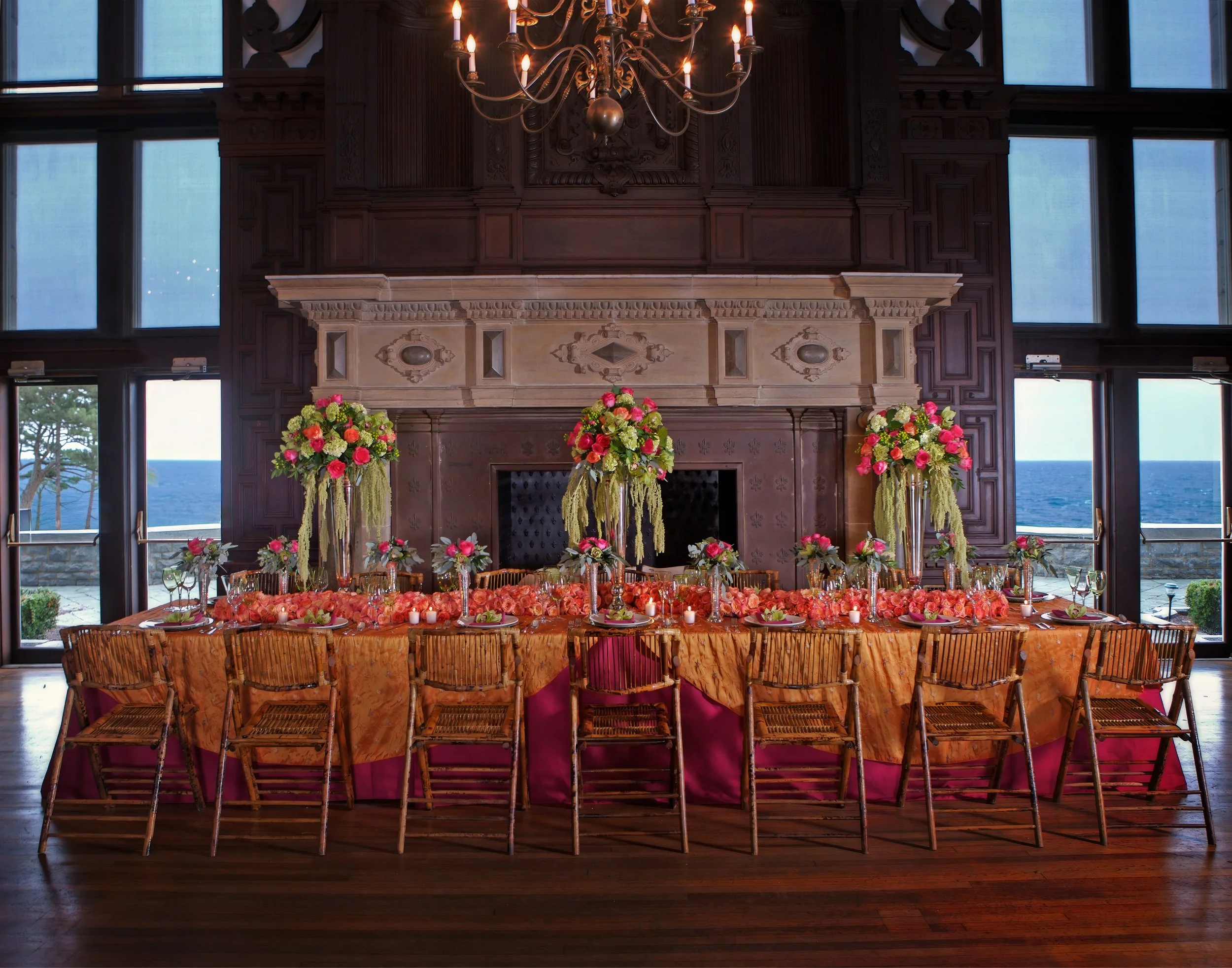 Elegant wedding reception table design with fashionable place settings at The Branford House in Groton Connecticut.