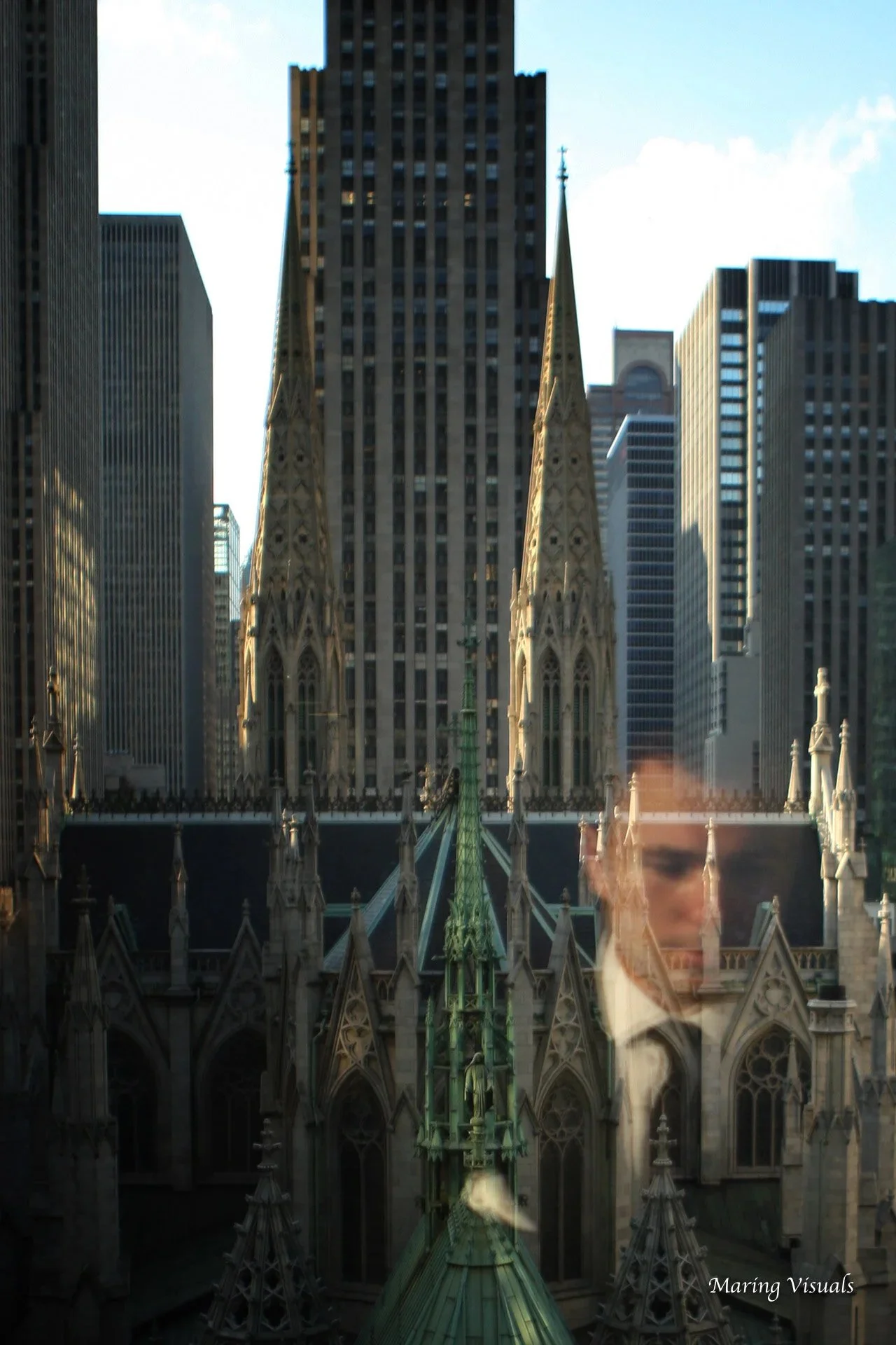 Grooms reflection looking out the window at The Lotte Palace Hotel NYC