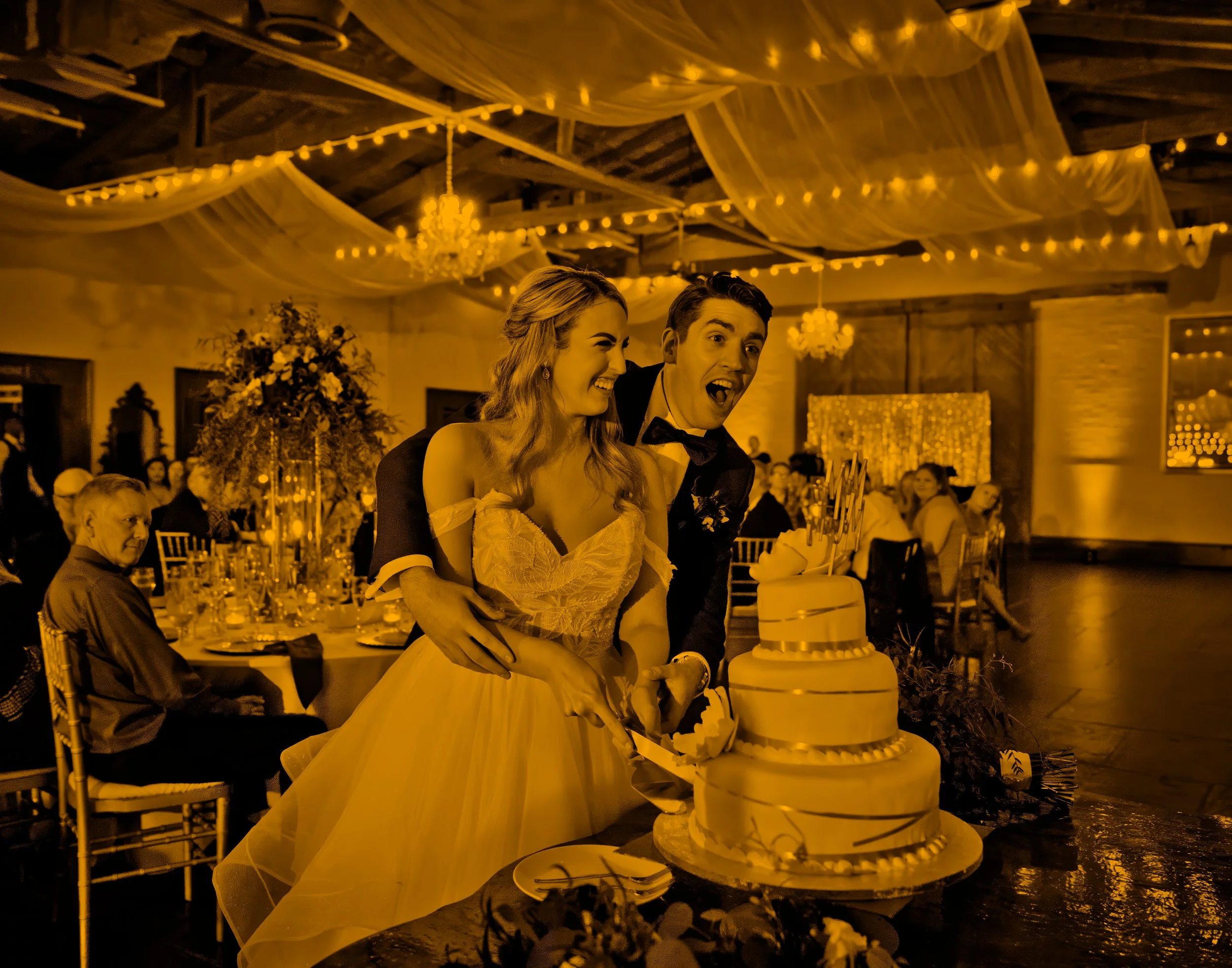 Fine art split tone photograph of bride and groom playfully cutting their wedding cake at Savannah Station in Savannah, Georgia.