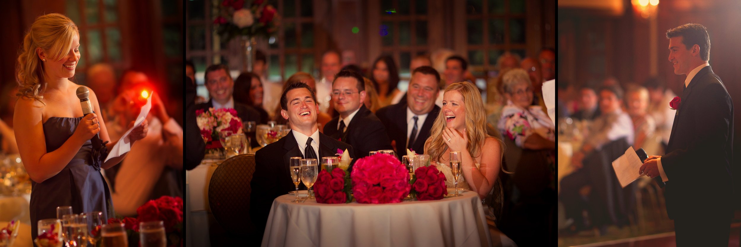 Guests laughing during wedding toasts in the Waterford Ballroom at Saint Clements Castle
