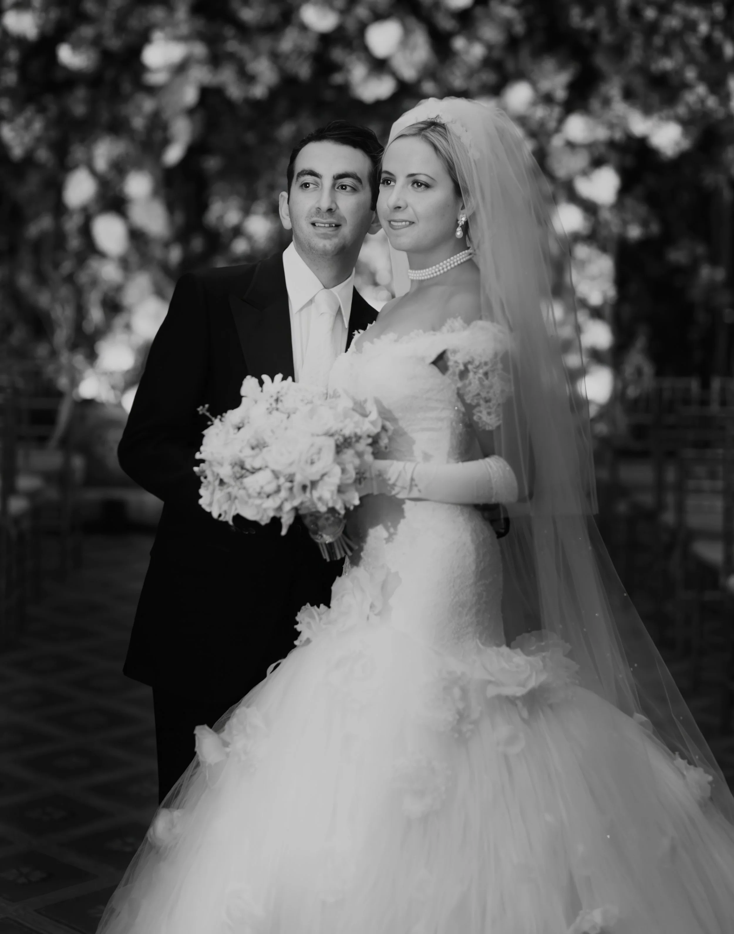 Black and white bride and groom portrait at 48 Wall Street wedding venue NYC.