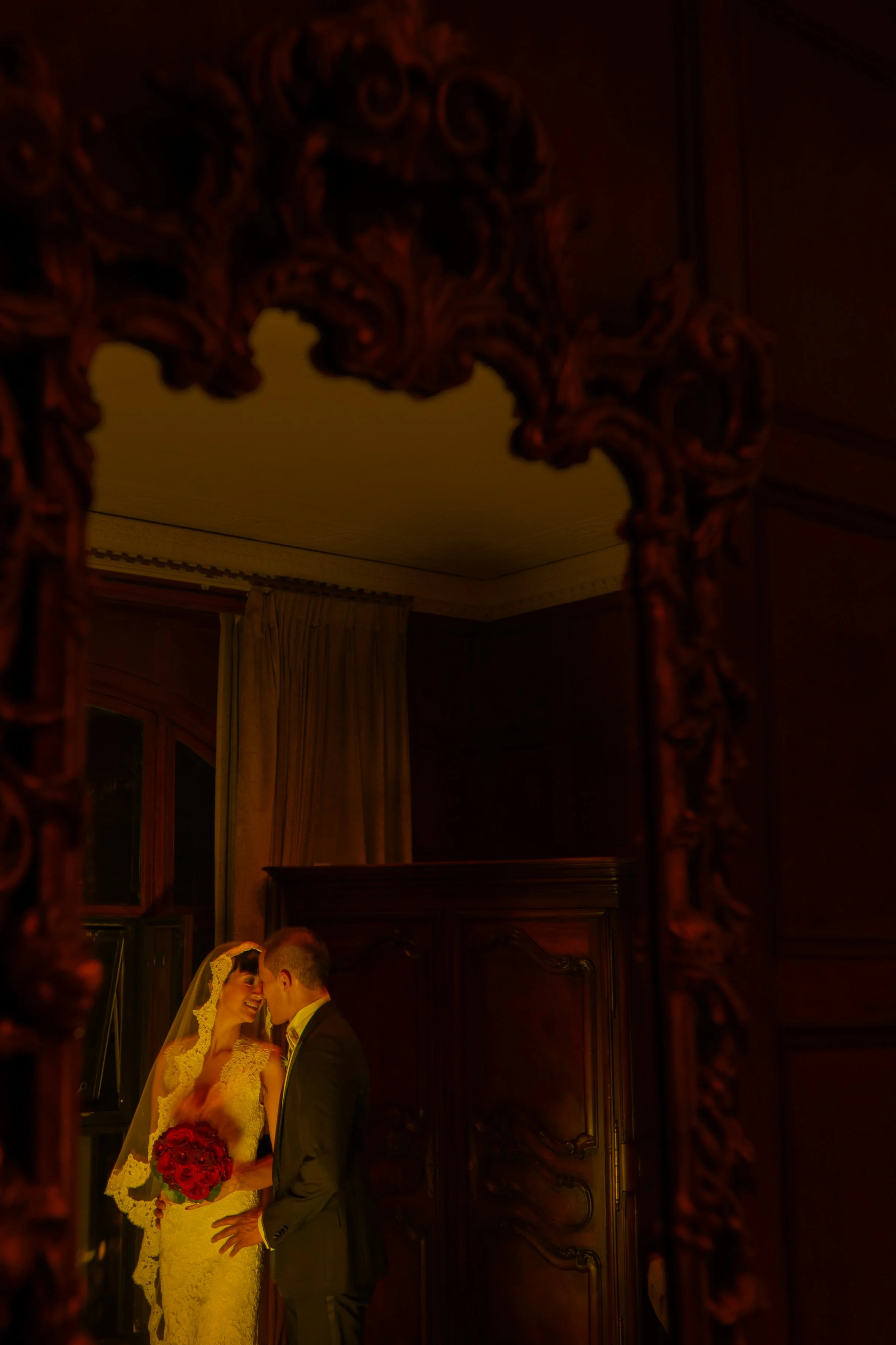 Bride and Groom Portrait Reflected in Mirror in the Tapestry Room at Cipriani 42nd Street